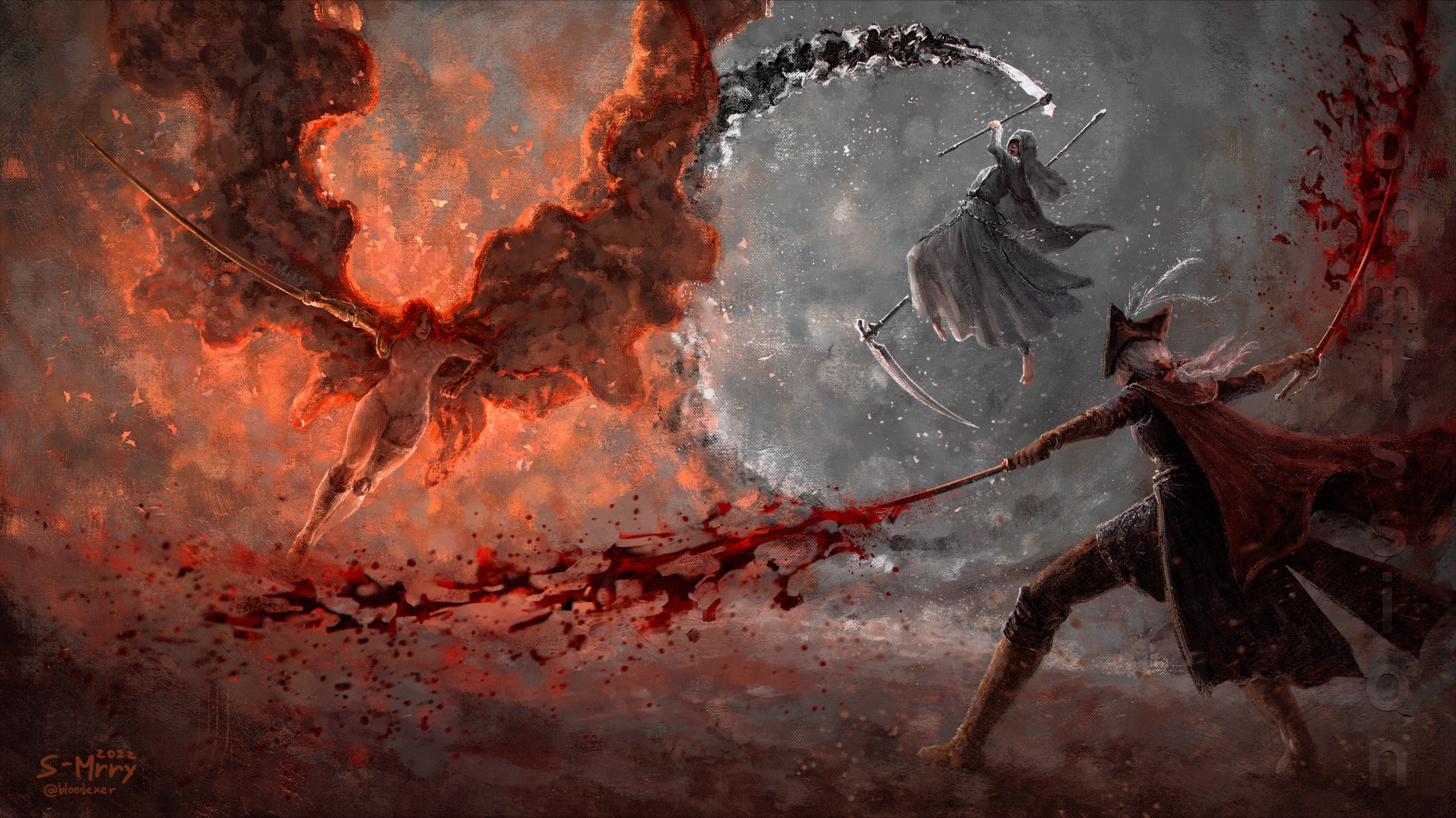 Elden Ring and Bloodborne characters in battle HD Wallpaper
