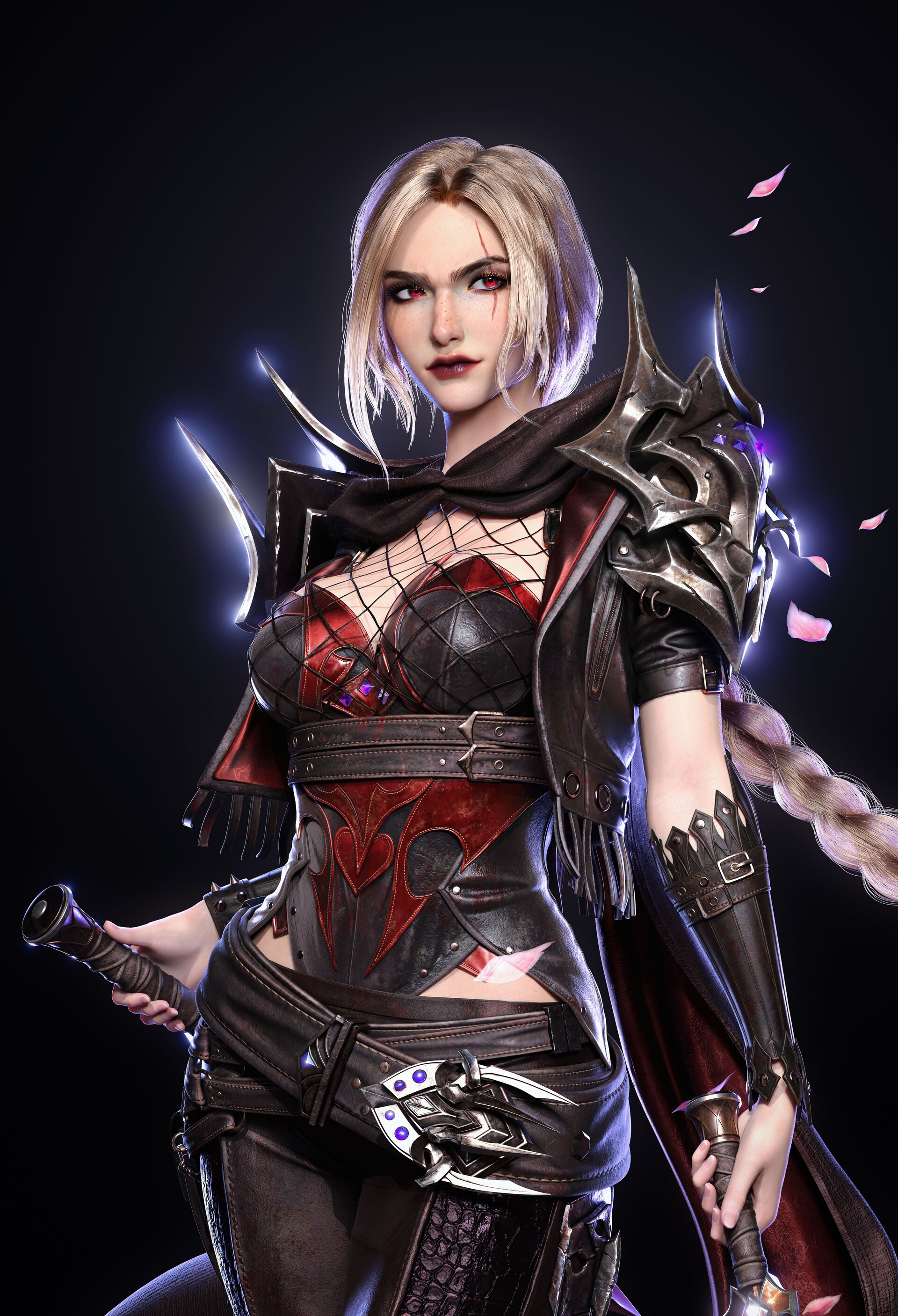 MJ_Ketu, a blonde woman with red eyes and scars, holding a weapon HD Phone Wallpaper