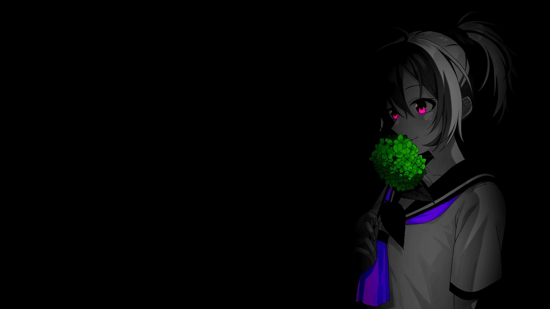 Girl with pink eyes holding green flowers HD Wallpaper