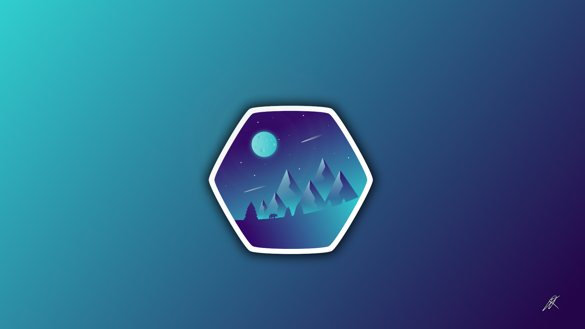 Hexagon illustration of a night mountain landscape with a bear HD Wallpaper