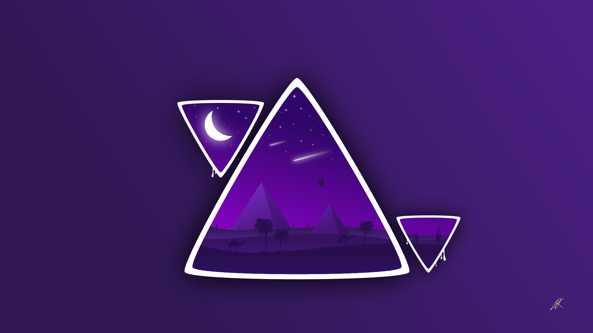Purple desert night with pyramids and camels HD Wallpaper