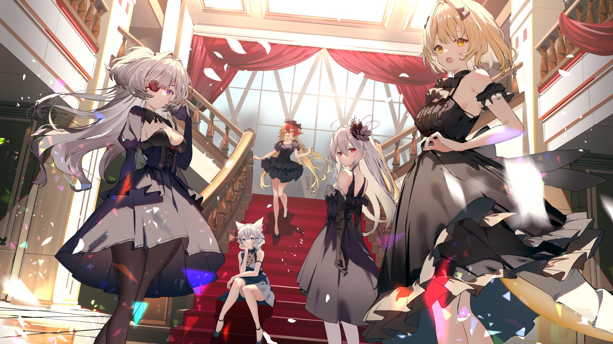 Alchemy Stars characters in black dresses on a grand staircase HD Wallpaper
