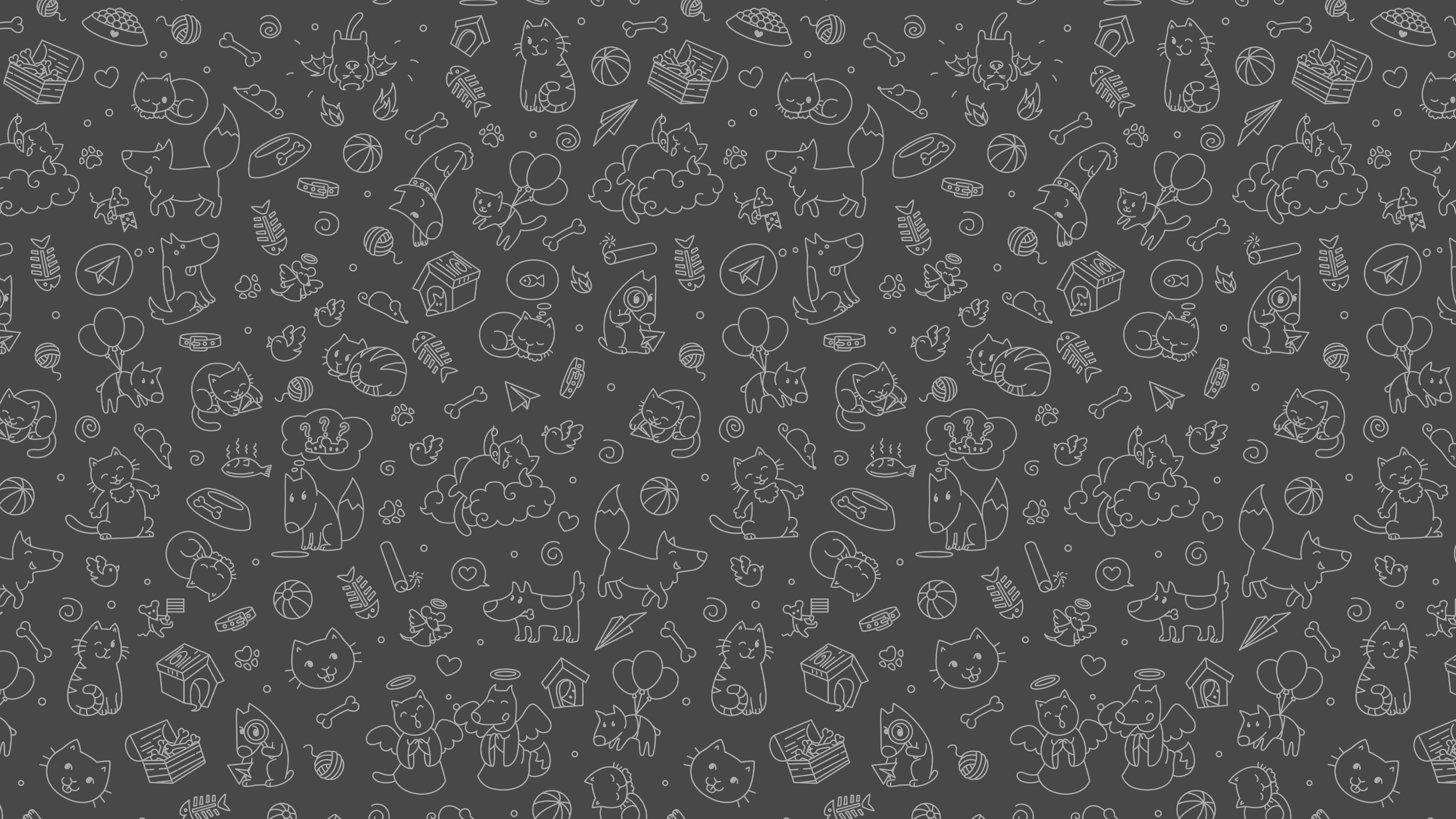 Monochrome pattern of cats, dogs, and telegram logos HD Wallpaper