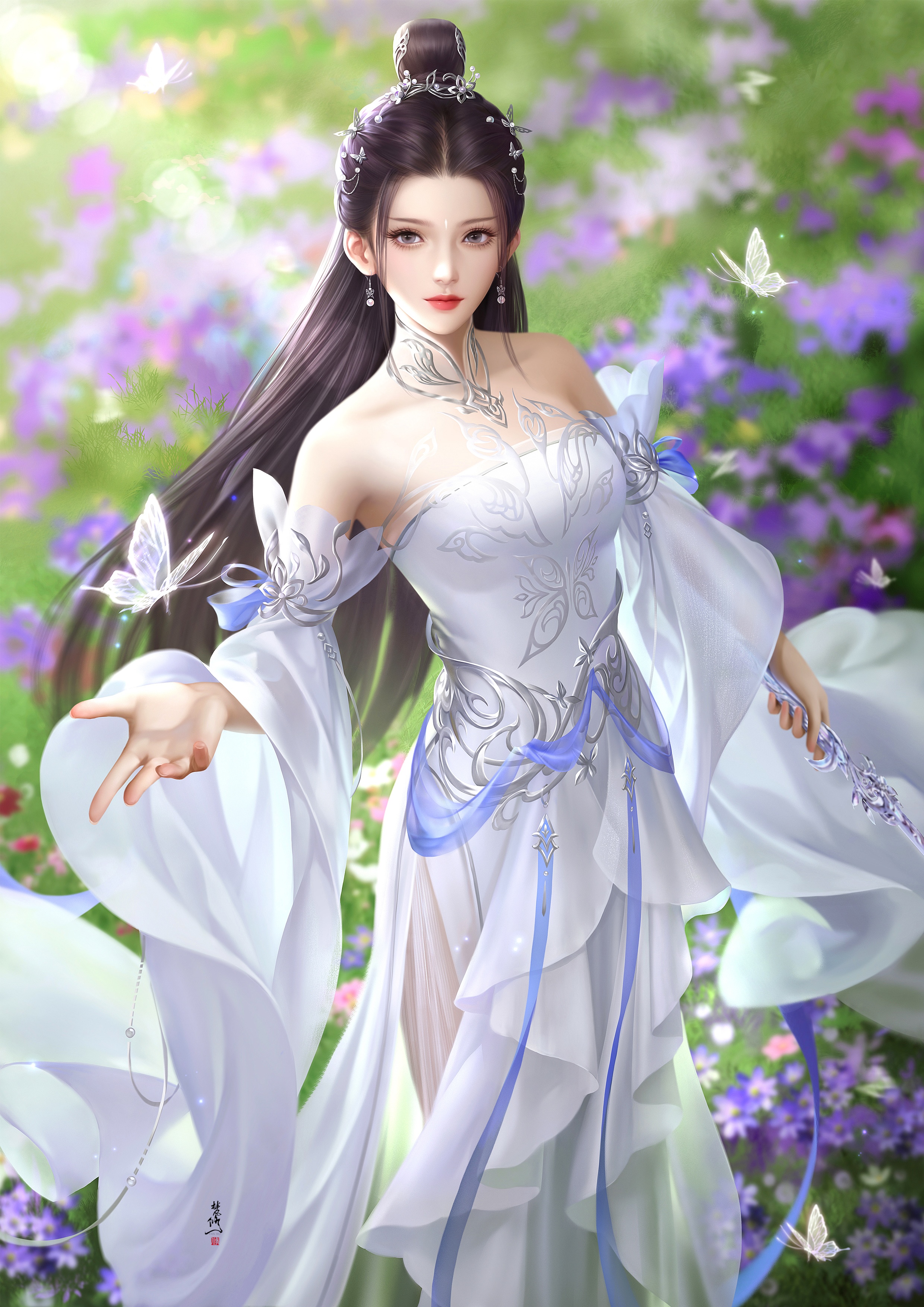 Woman in white Chinese dress with butterflies HD Phone Wallpaper
