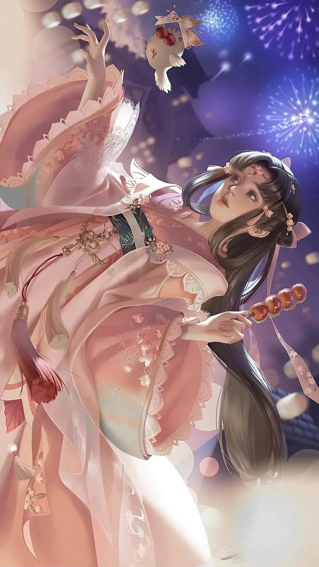 Girl in Chinese dress with candy and fireworks HD Phone Wallpaper