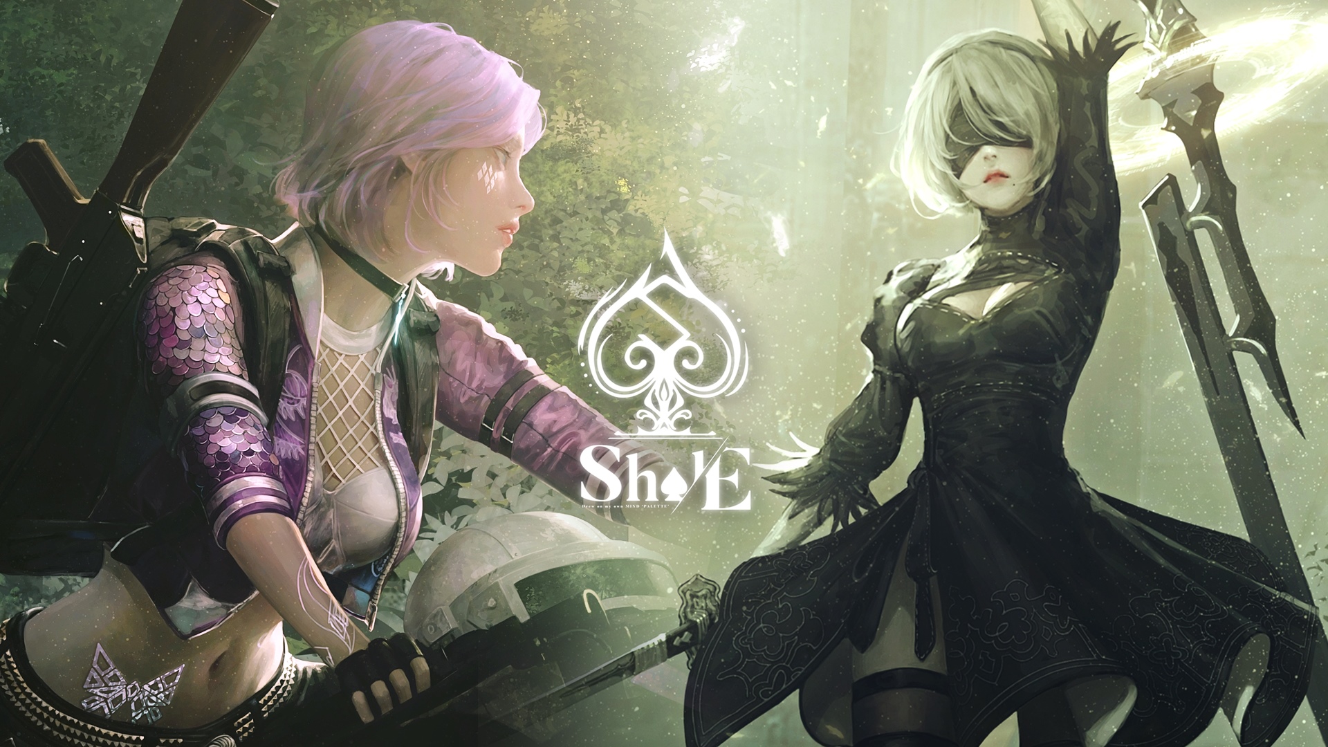 2B and a girl with purple hair in a forest HD Wallpaper