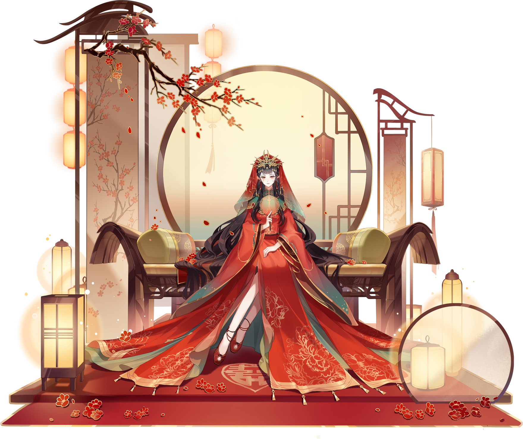 Woman in red Chinese dress with lanterns HD Wallpaper