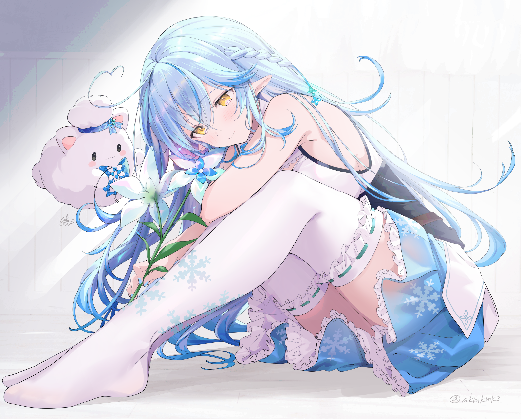 Fantasy girl with blue hair and yellow eyes holding a flower HD Wallpaper