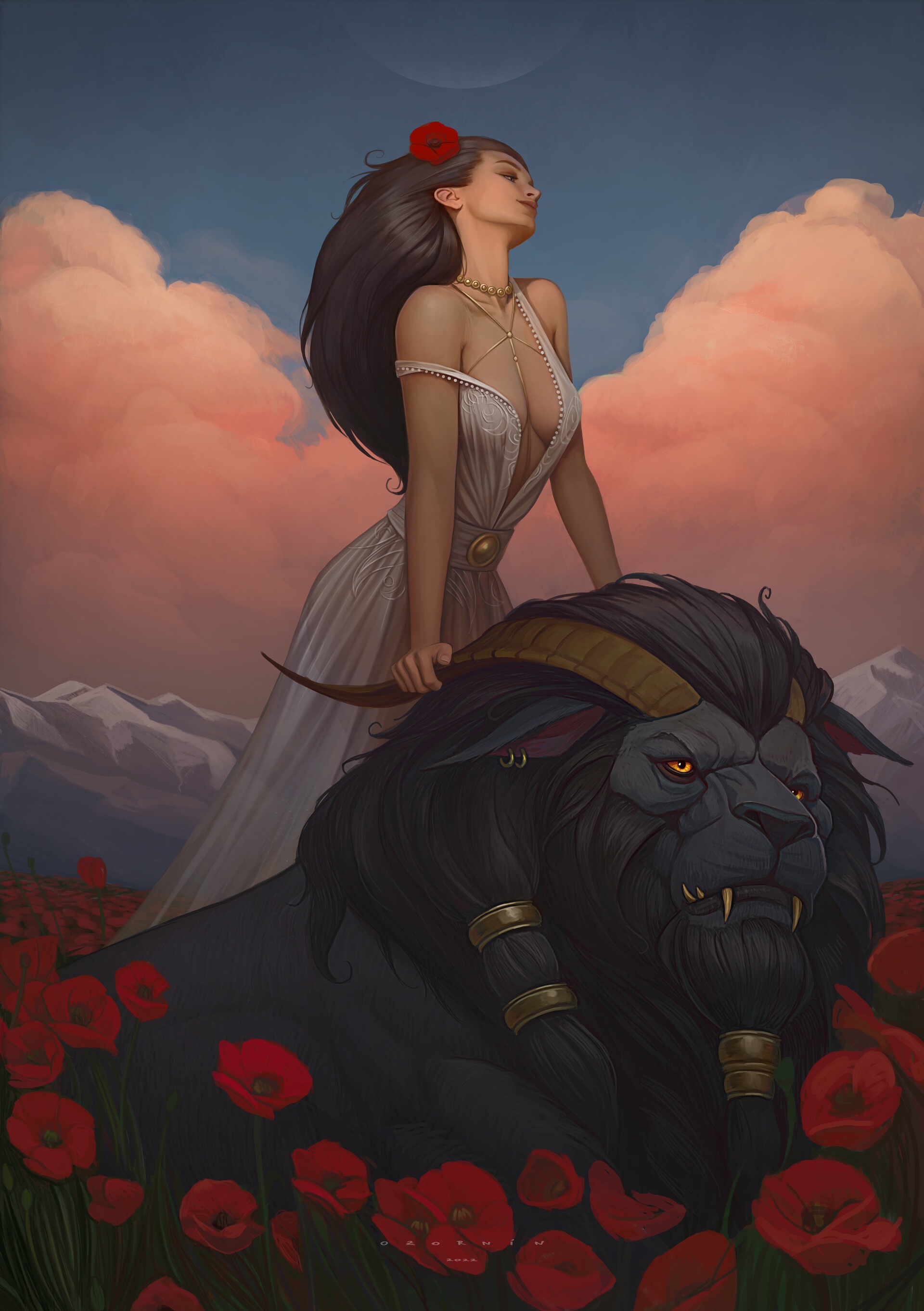 Woman with a lion in a field of poppies HD Phone Wallpaper