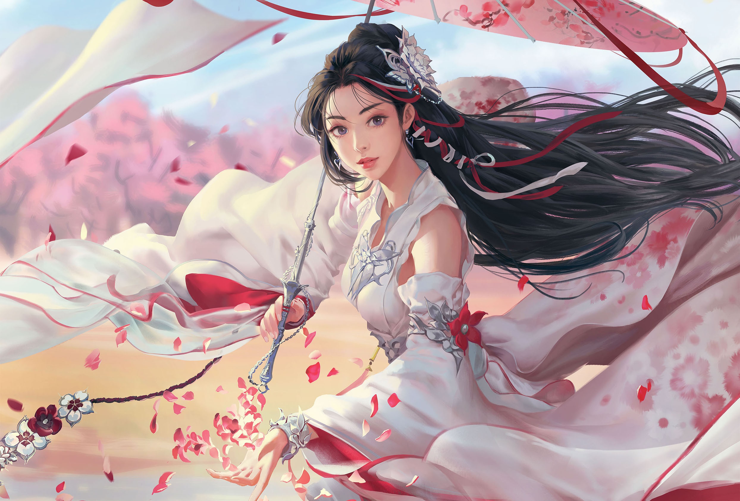Asian woman with dark hair holding an umbrella with petals HD Wallpaper