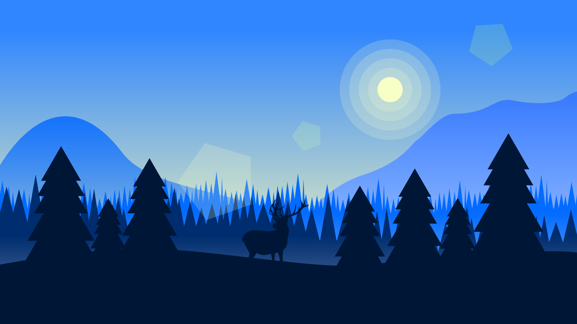 Deer in a blue forest landscape with mountains HD Wallpaper