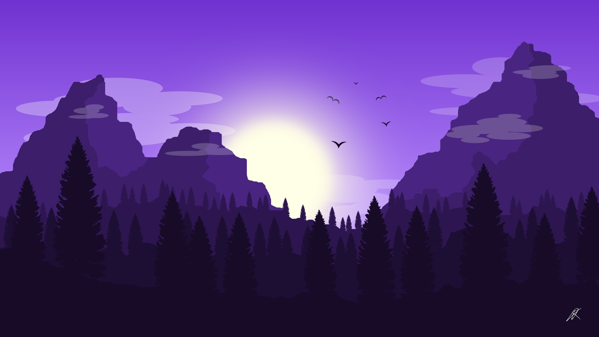 Purple mountain landscape with sun and birds HD Wallpaper