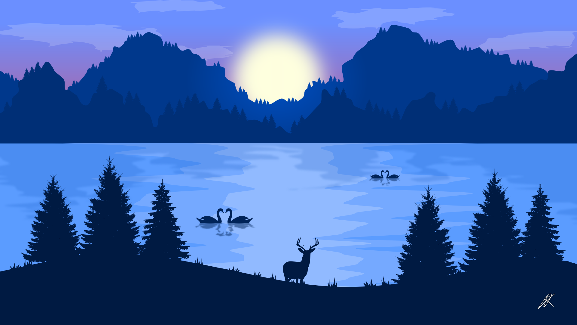 Deer and swans by a lake at sunrise with mountains HD Wallpaper