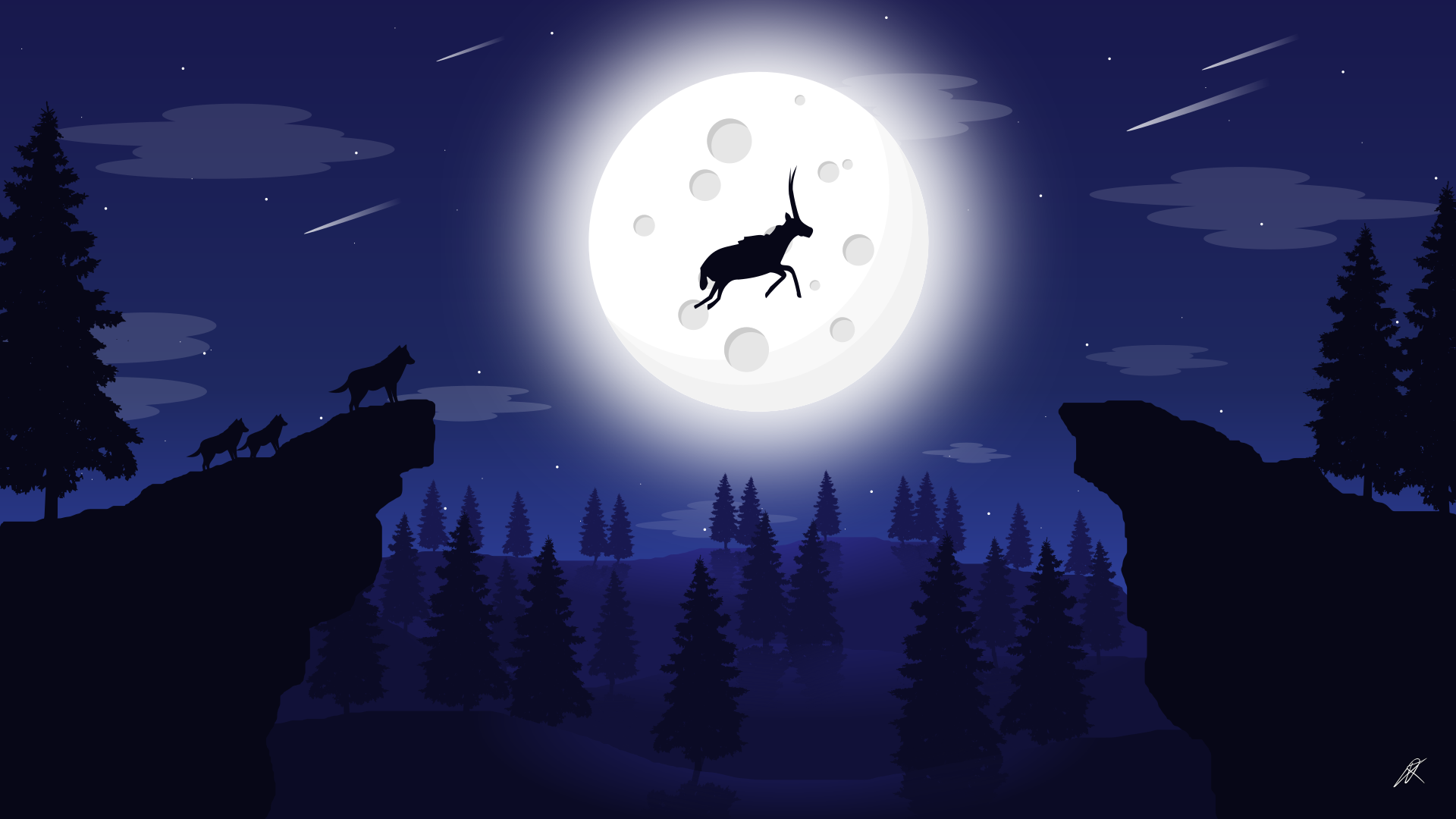 Antelope leaps across a full moon with wolves howling on a cliff HD Wallpaper