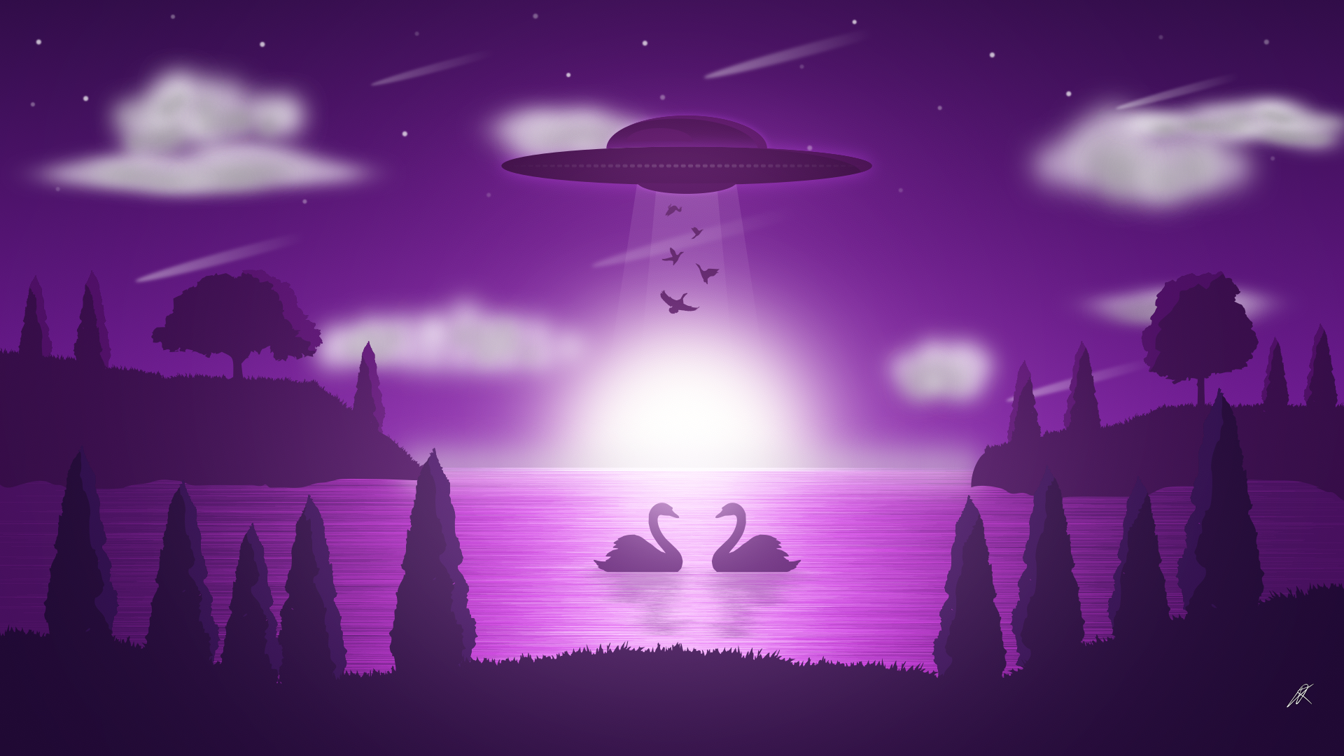 UFO abducting birds over swans on a lake HD Wallpaper