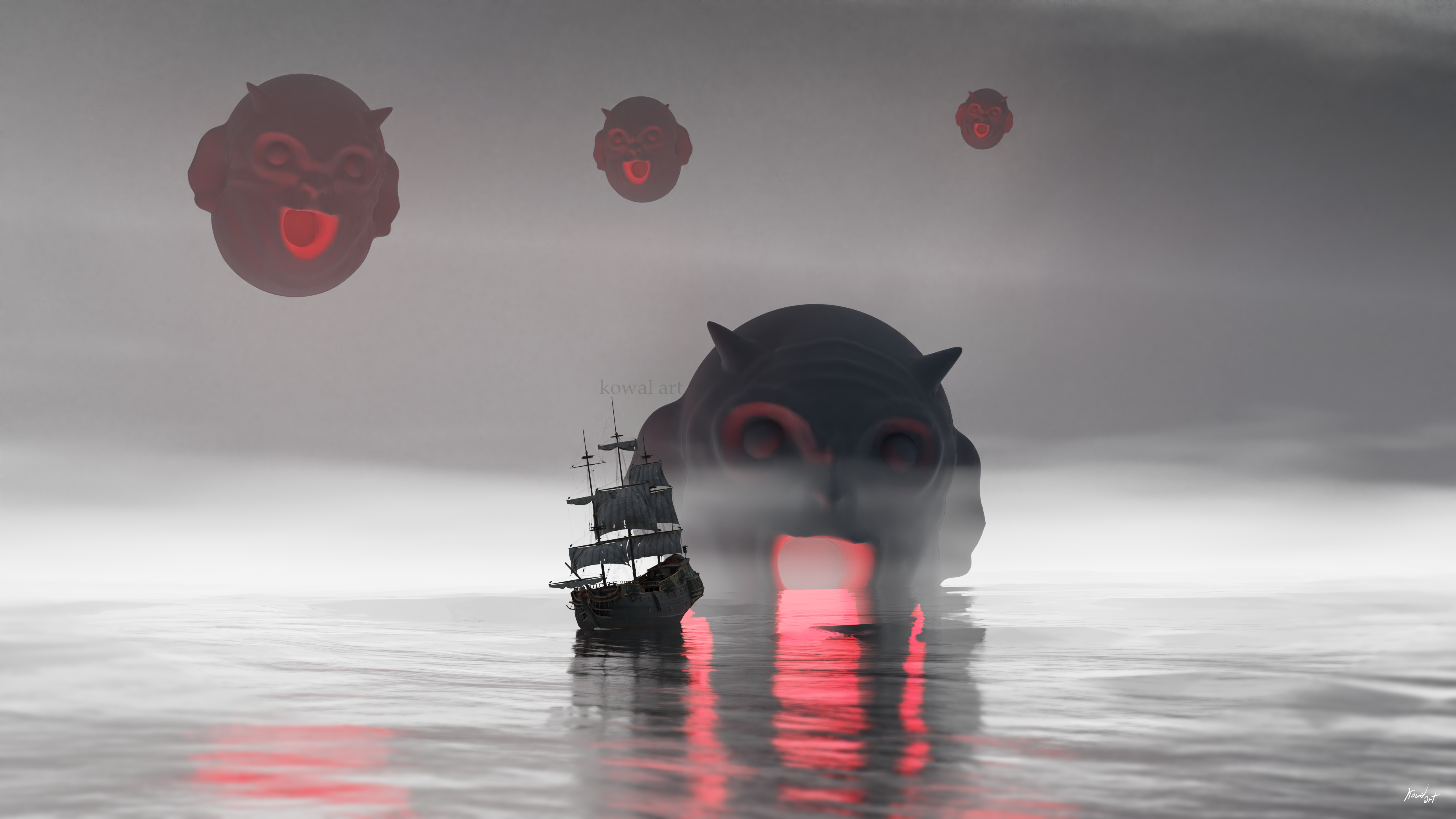 KowalArt's Creepy Sea Creatures and Ship HD Wallpaper