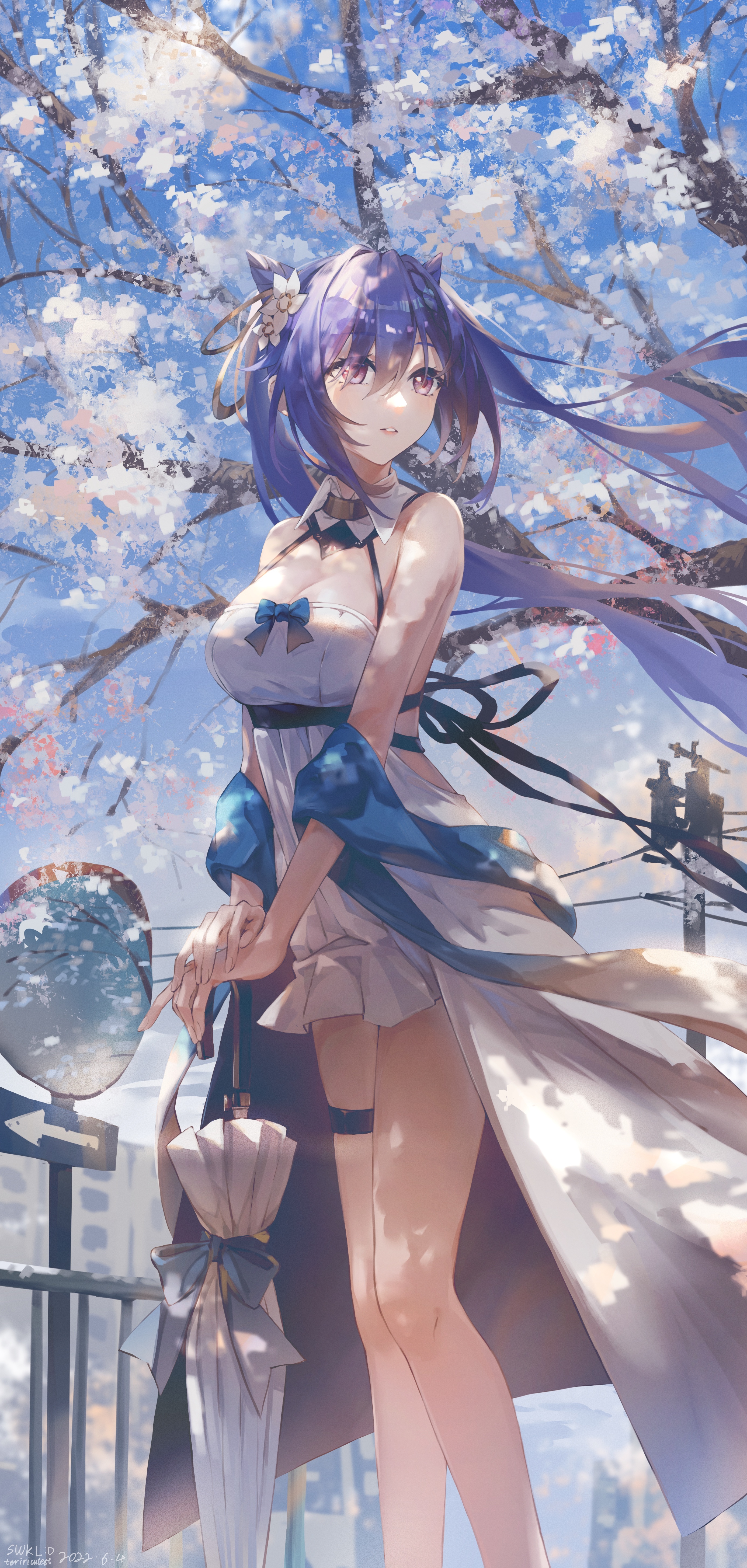 Keqing from Genshin Impact with purple hair and umbrella HD Phone Wallpaper