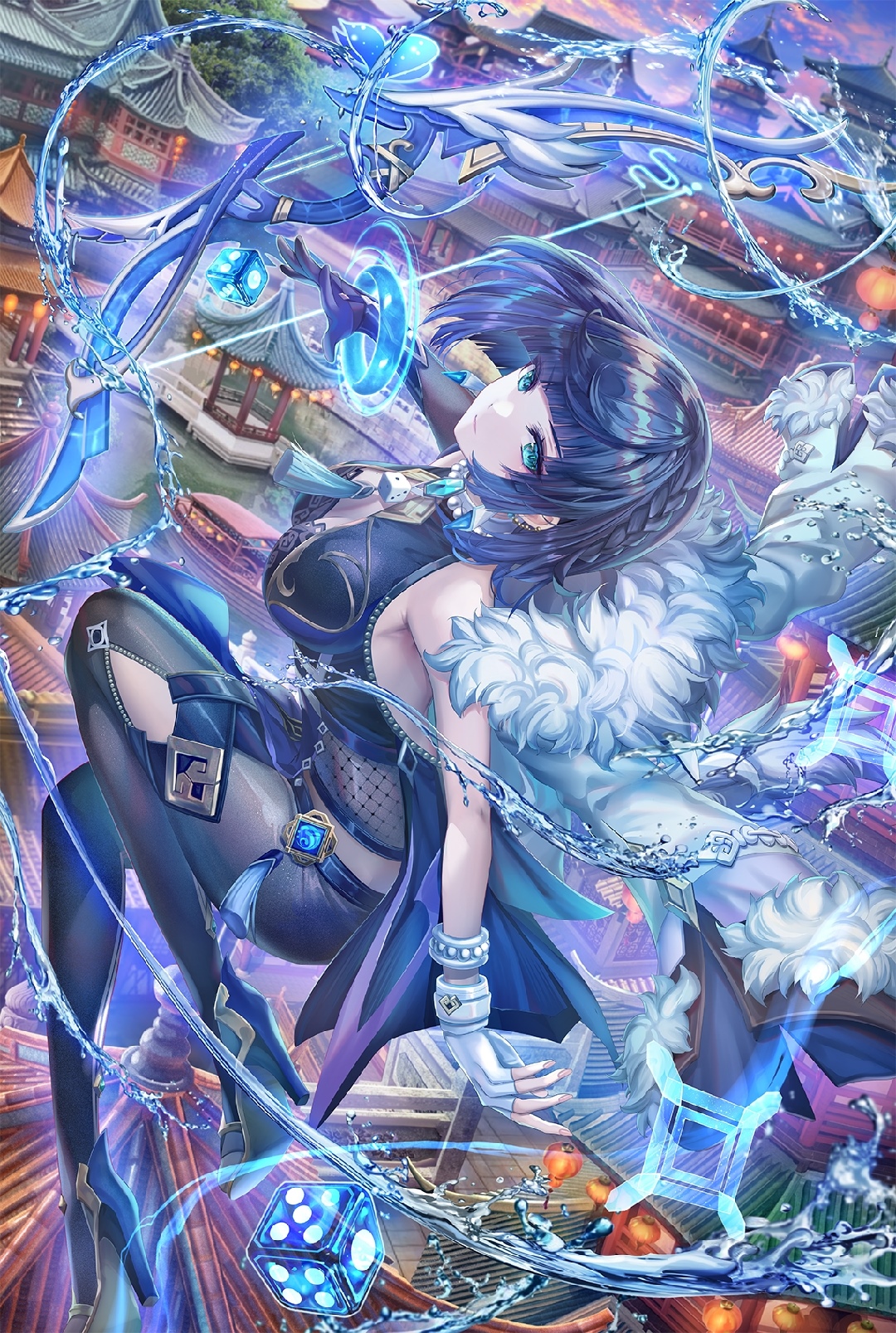 Yelan from Genshin Impact with blue hair and dice HD Phone Wallpaper