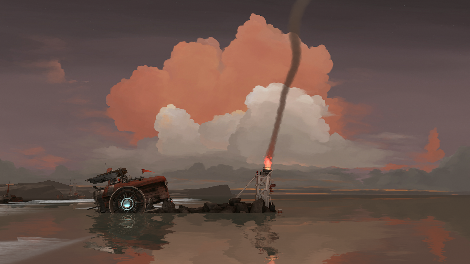 Far Lone Sails: Vehicle and Smoke Stack in Water HD Wallpaper