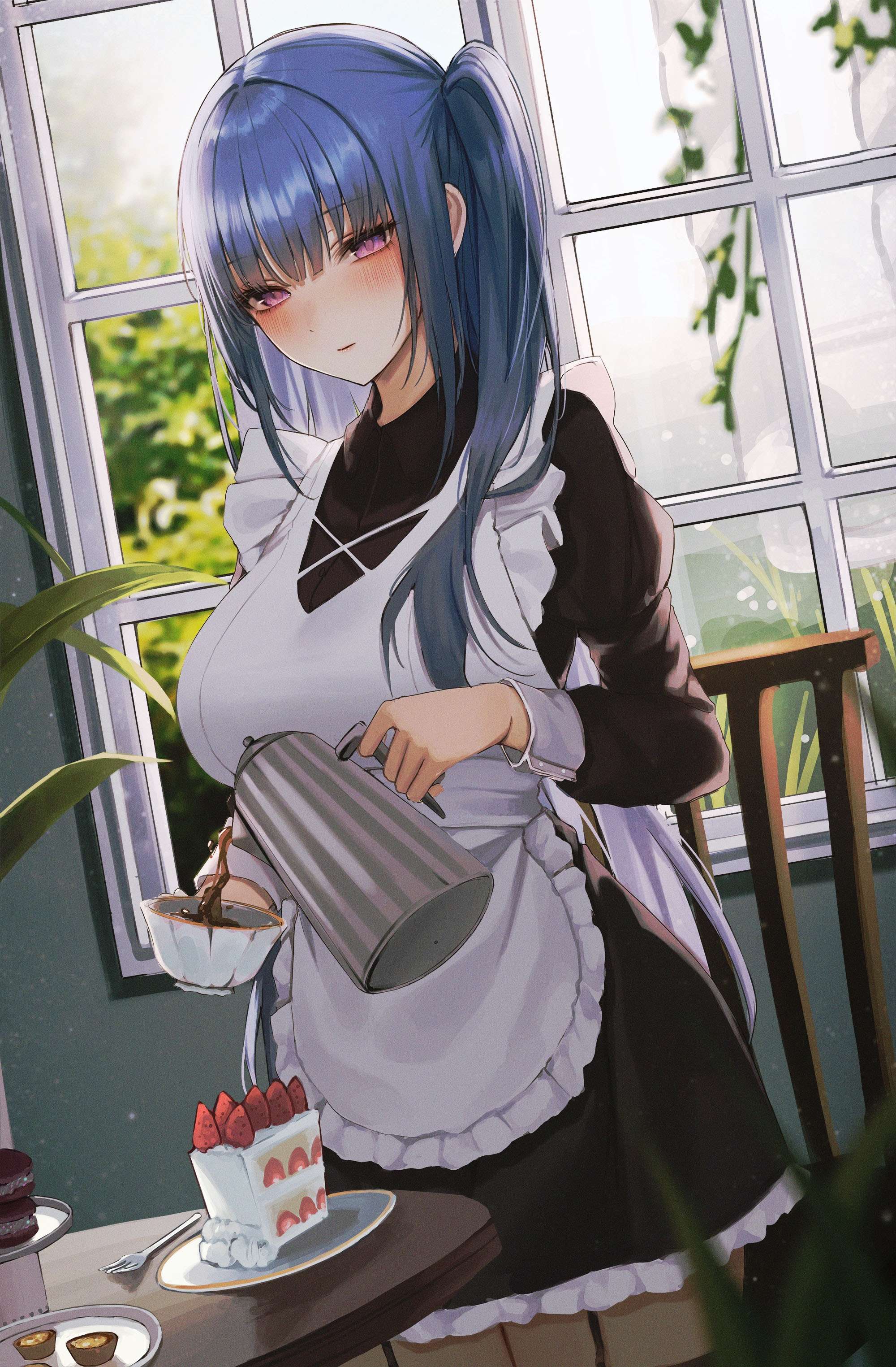 Maid pouring tea next to a strawberry cake HD Phone Wallpaper