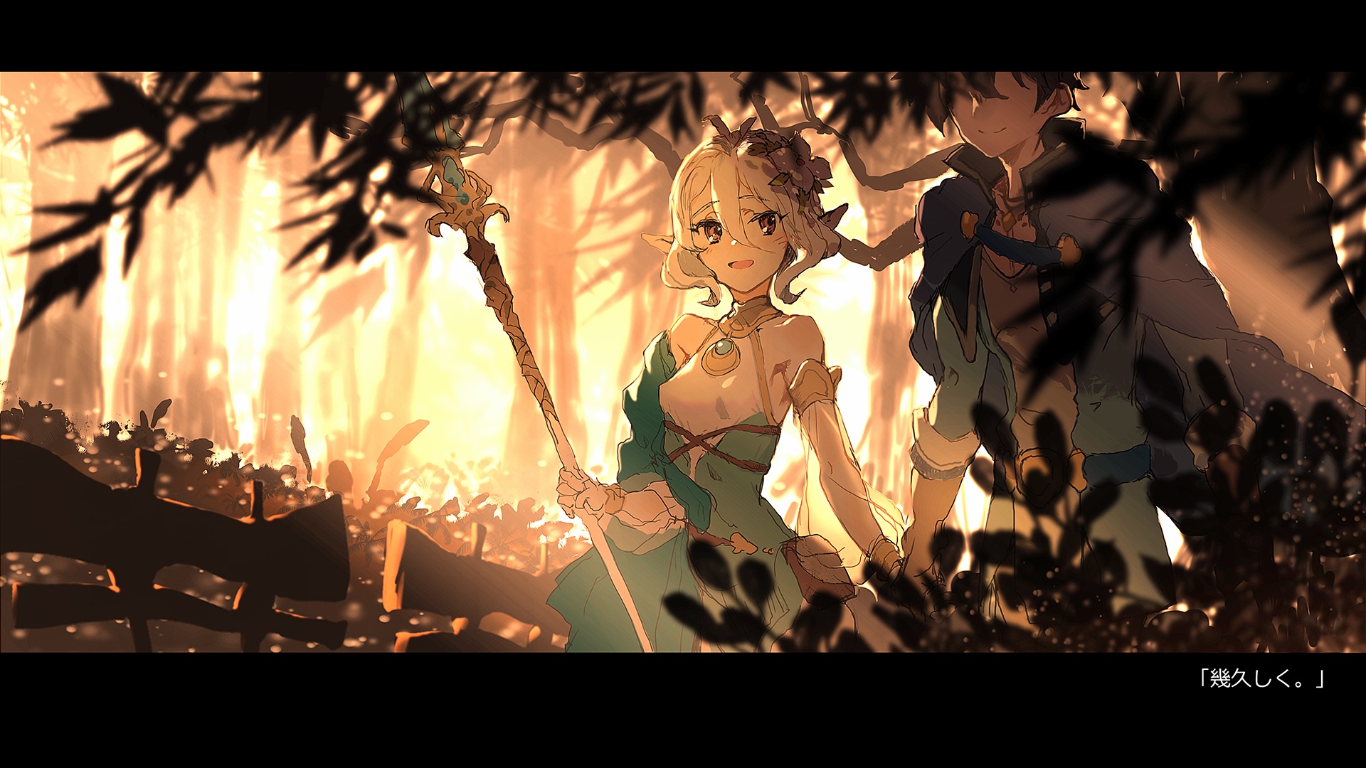 Kokkoro and a boy in a sunlit forest HD Wallpaper