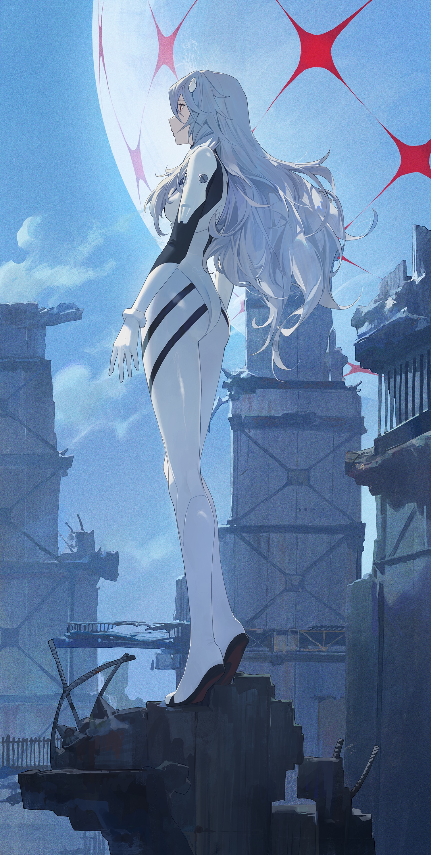 Ayanami Rei in a plugsuit standing on ruins HD Phone Wallpaper