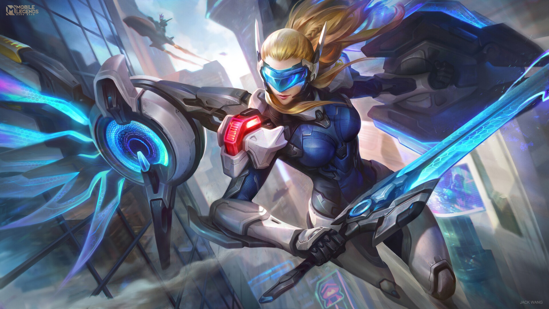 Cyberpunk woman with sword and shield in Mobile Legends HD Wallpaper