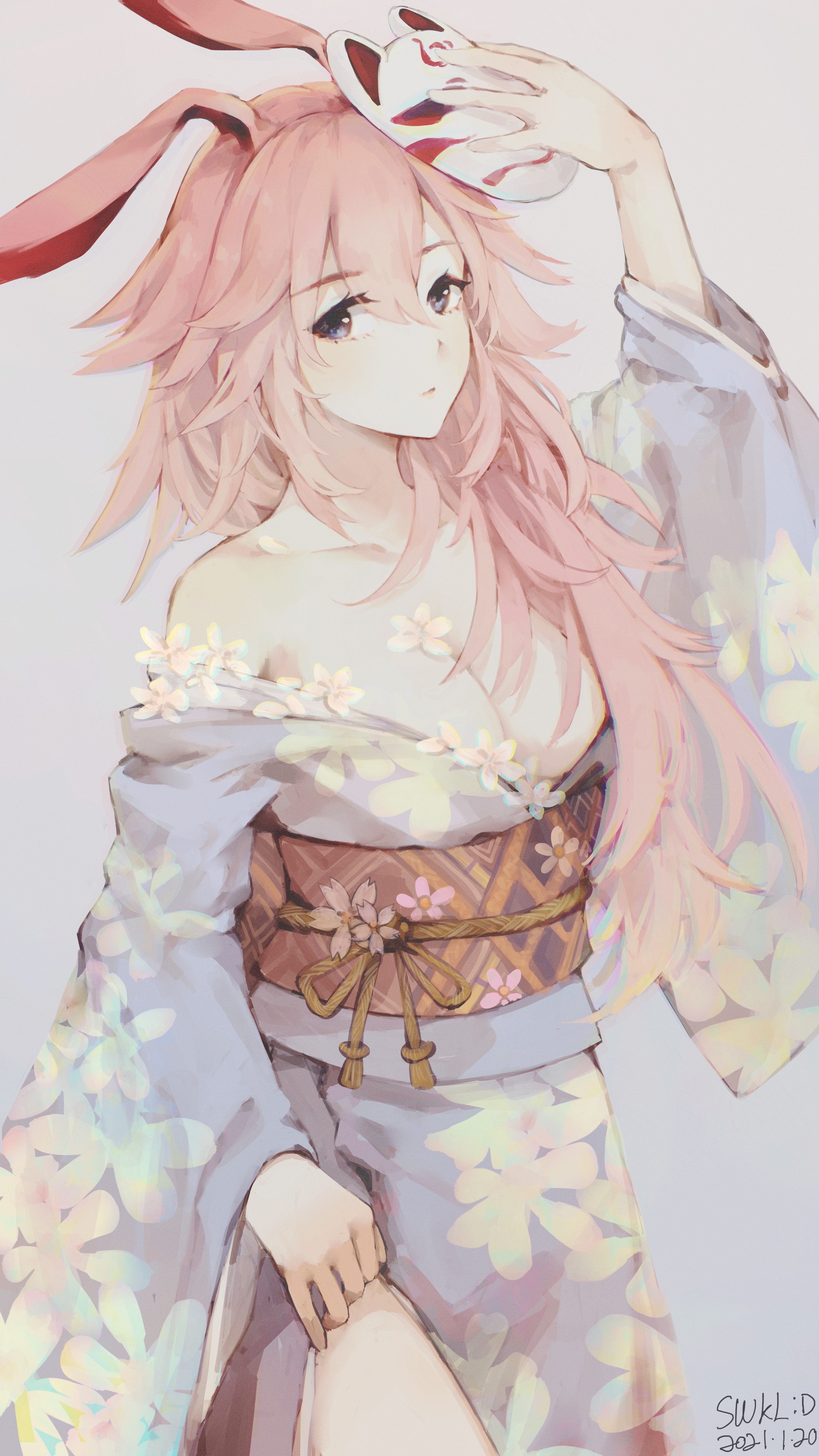Yae Sakura in a floral kimono holding a fox mask HD Phone Wallpaper