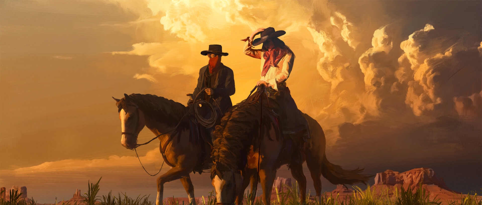 Cowboys on horses in a dramatic sunset landscape HD Wallpaper