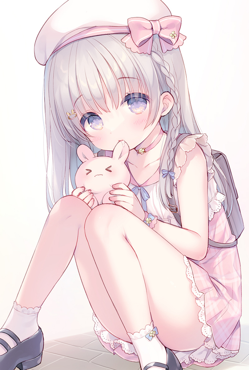 Girl with gray hair holding a pink bunny plush HD Phone Wallpaper