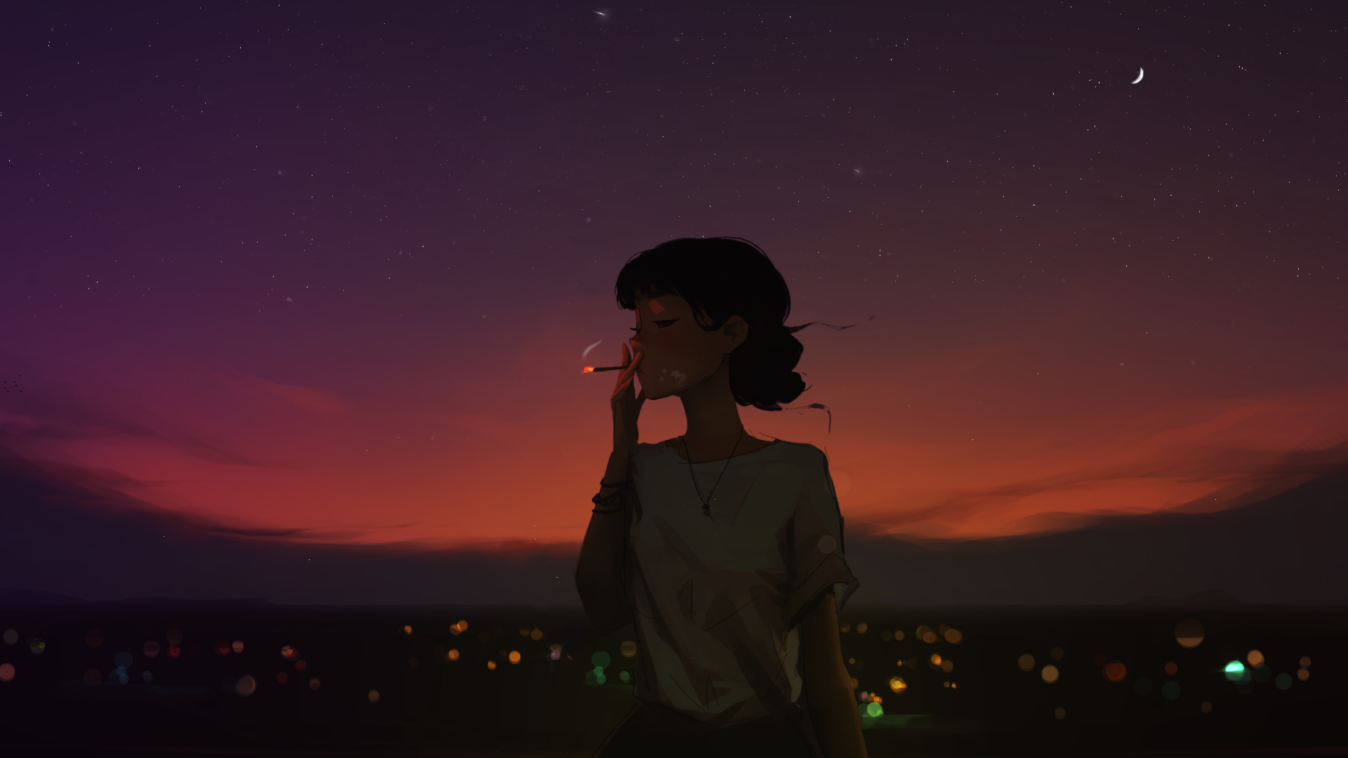 Girl smoking at night with city lights and stars HD Wallpaper