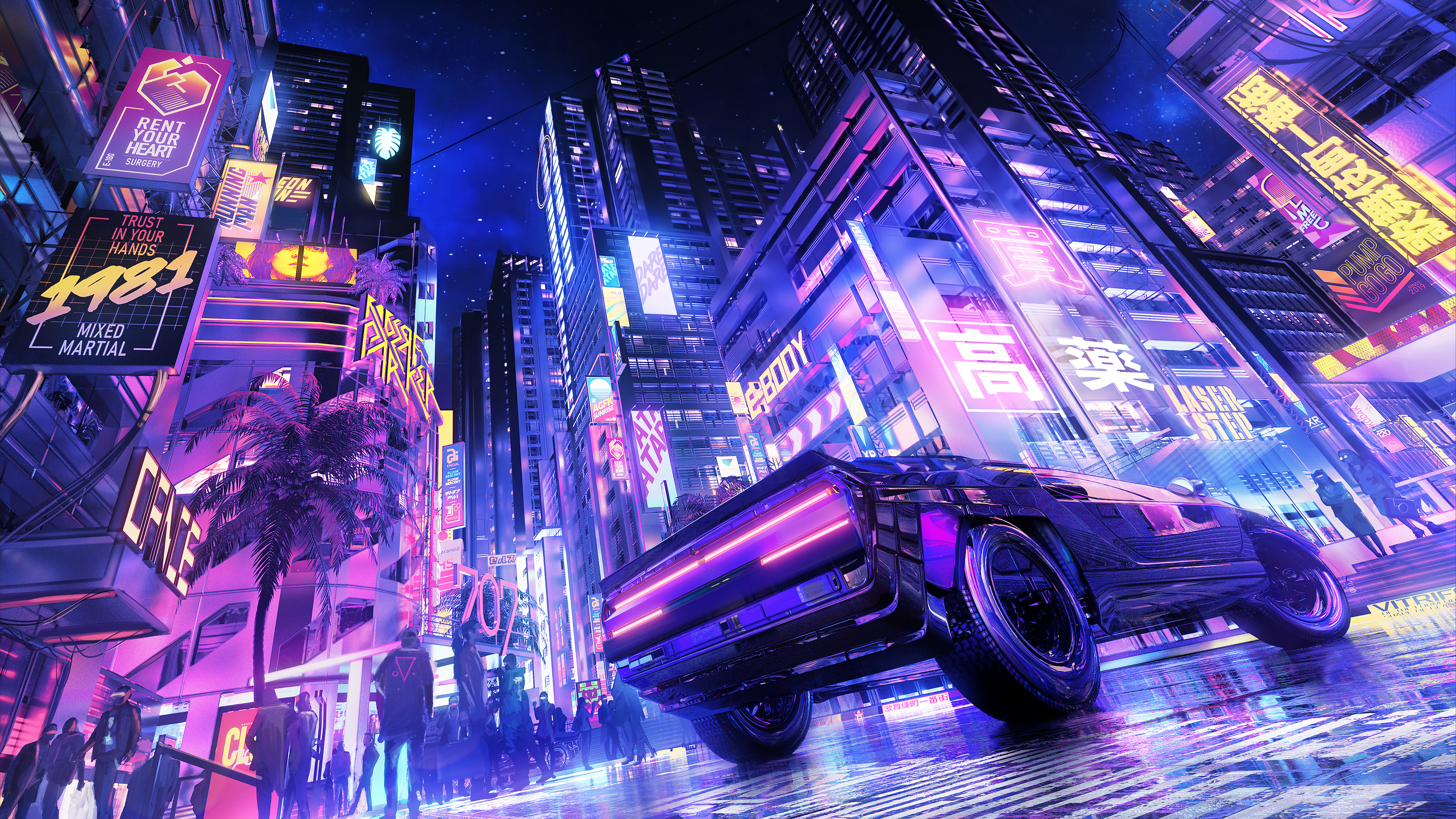 Cyberpunk City at Night with Futuristic Car HD Wallpaper