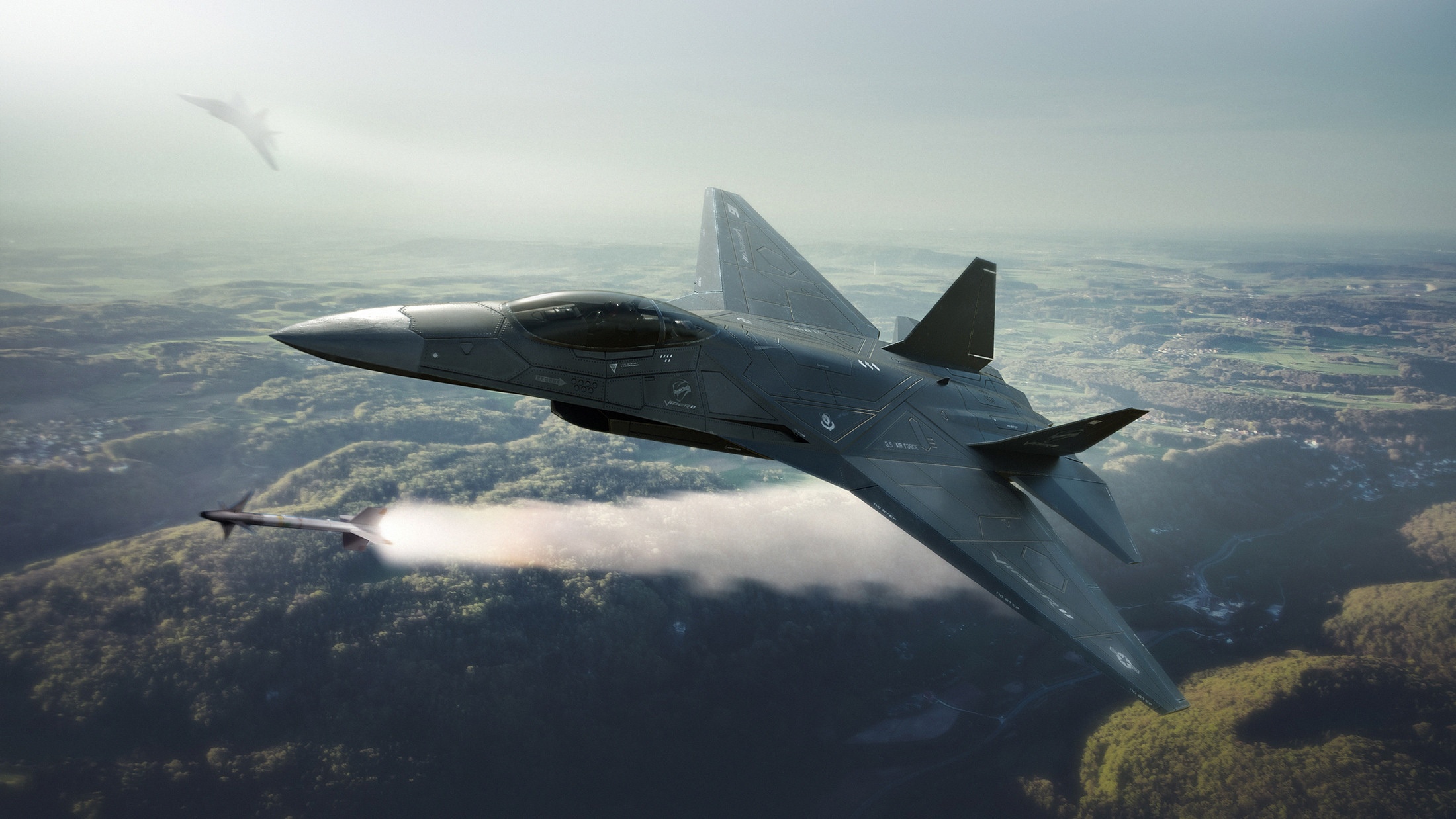 Military aircraft launching a missile over a landscape HD Wallpaper
