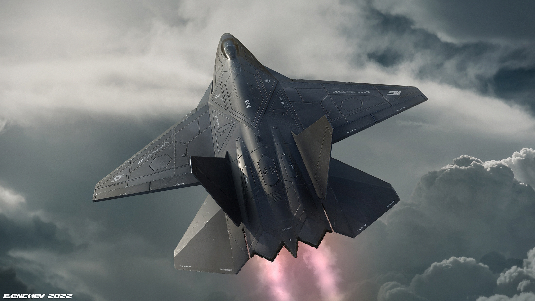 Stealth fighter jet flying through clouds HD Wallpaper