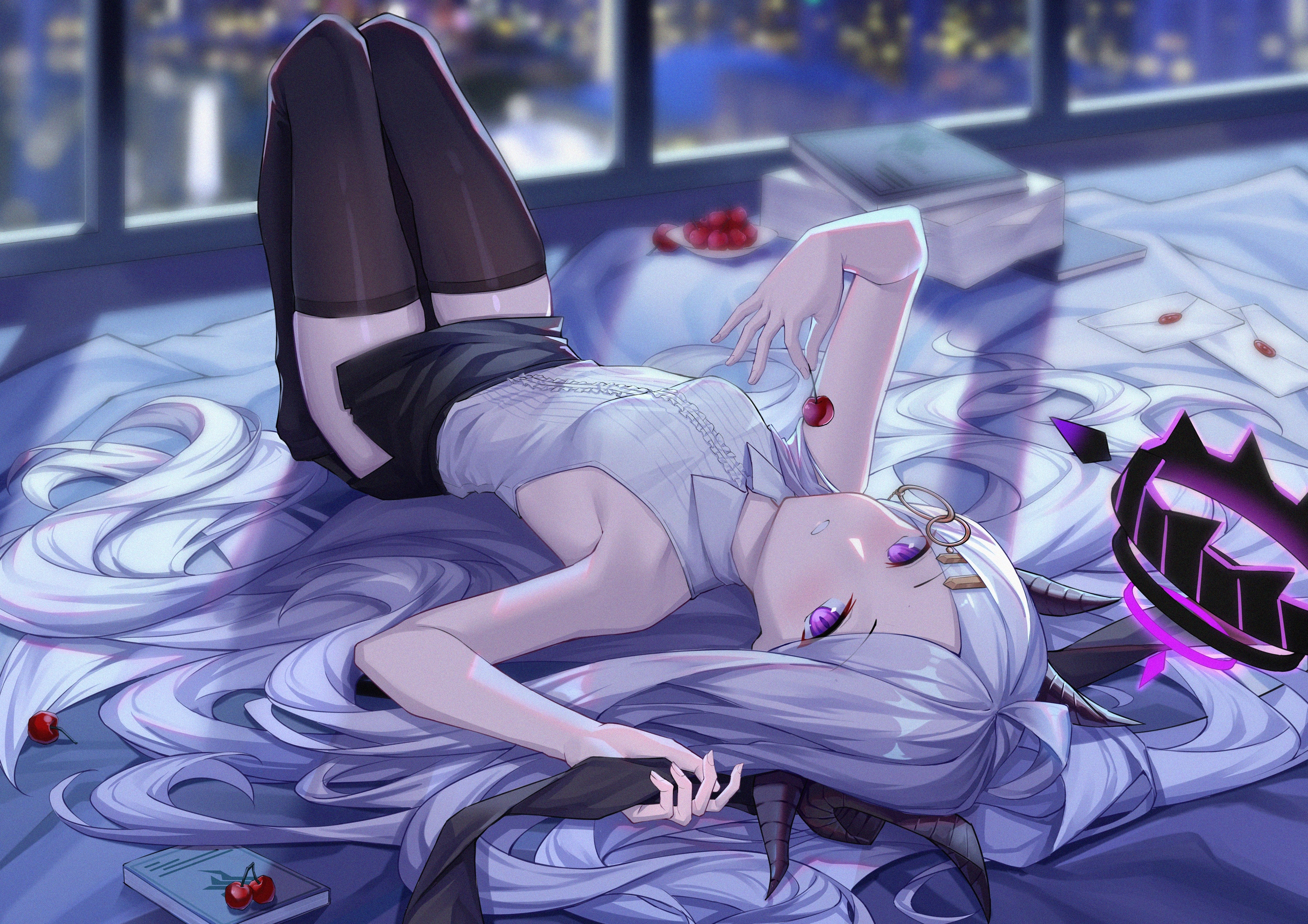 Anime girl with purple eyes and horns lying down with cherries HD Wallpaper