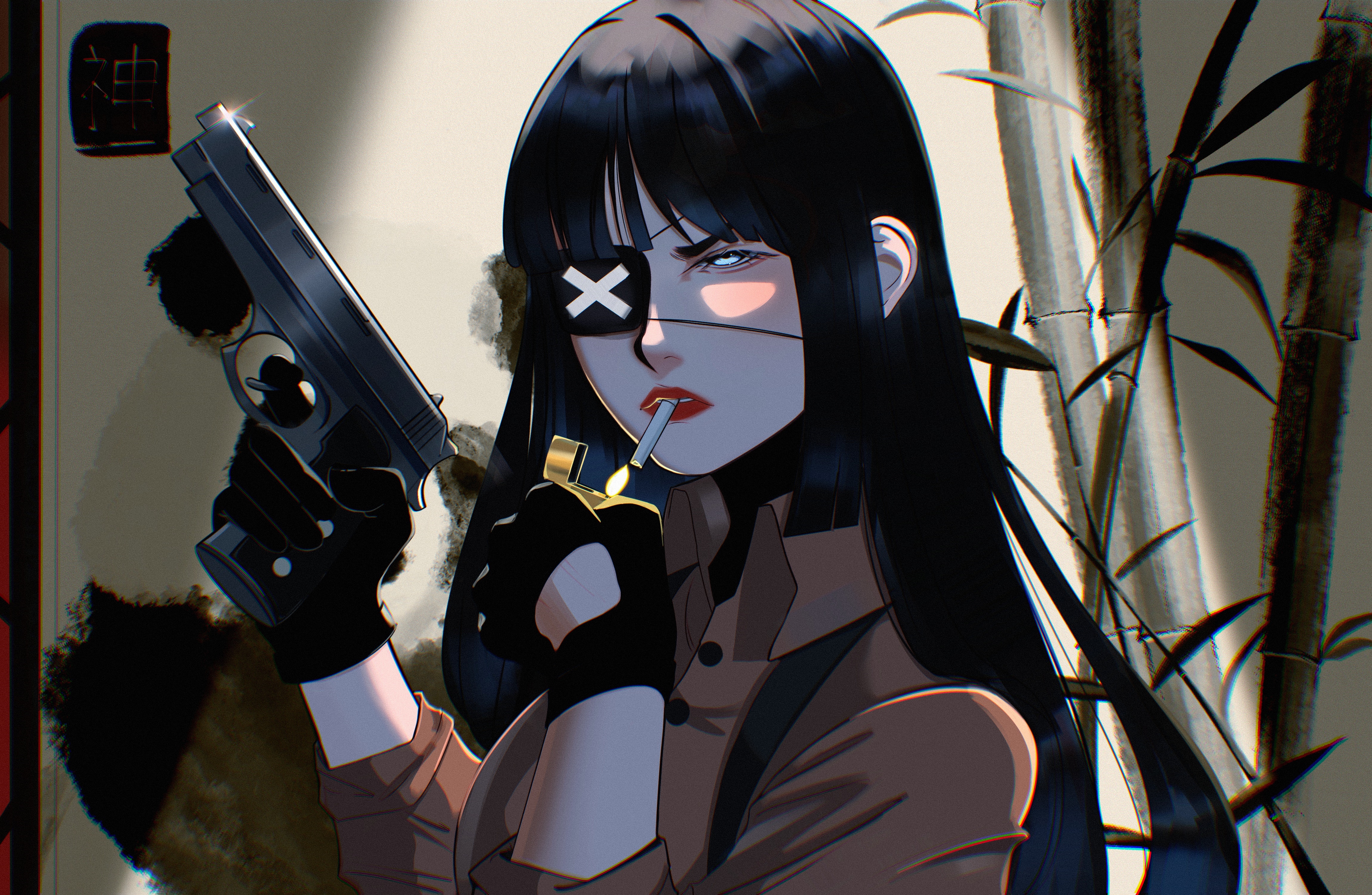 Woman with pistol and cigarette HD Wallpaper