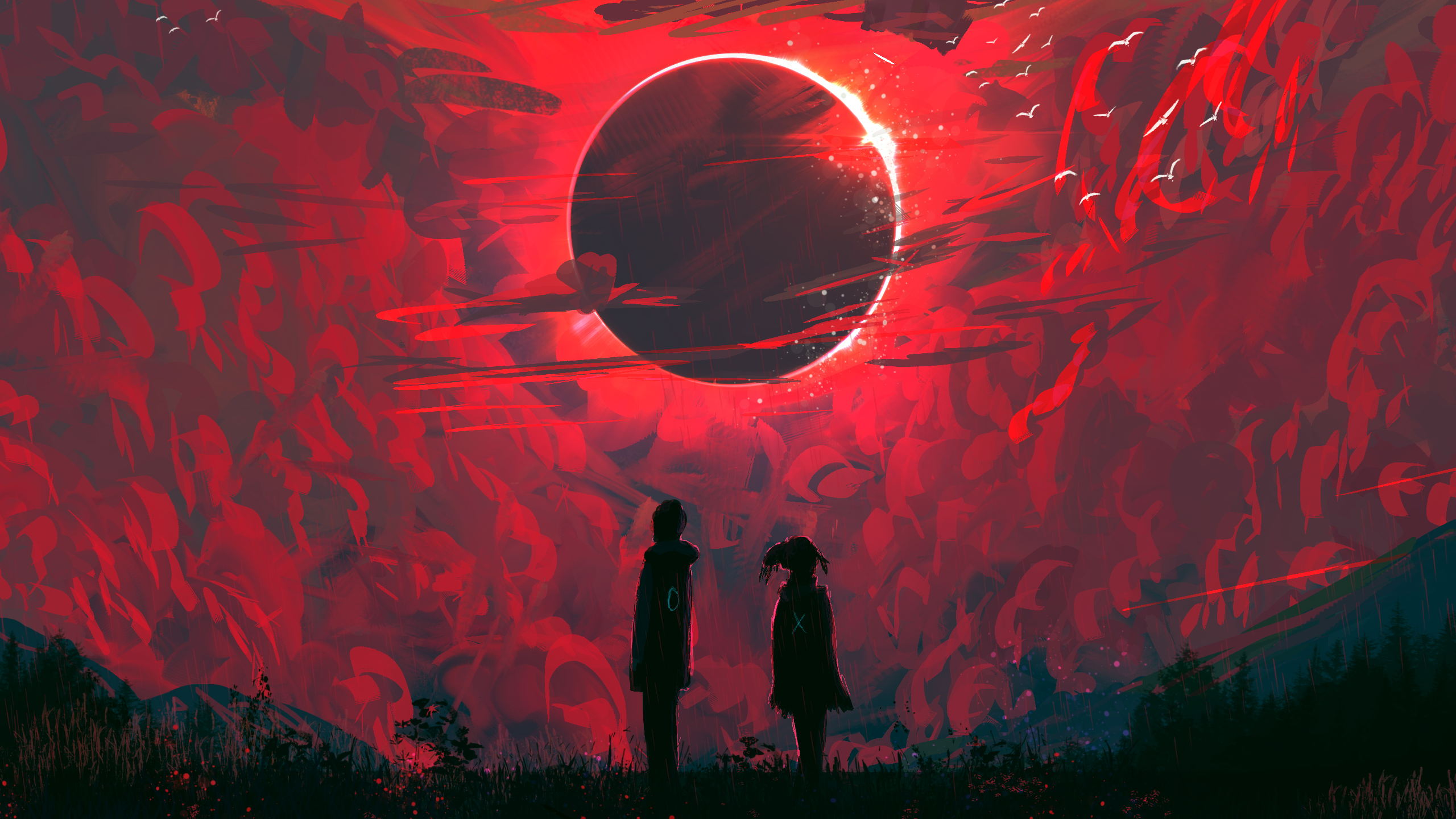 Couple watches a solar eclipse with red clouds HD Wallpaper