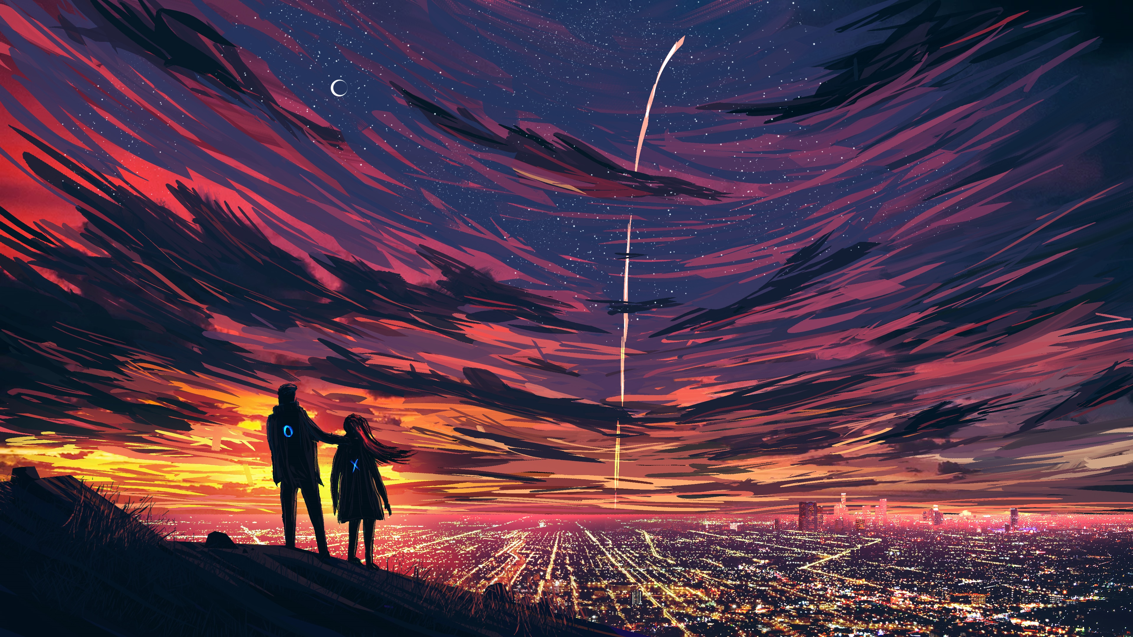 Couple watches a rocket launch over a city at night HD Wallpaper
