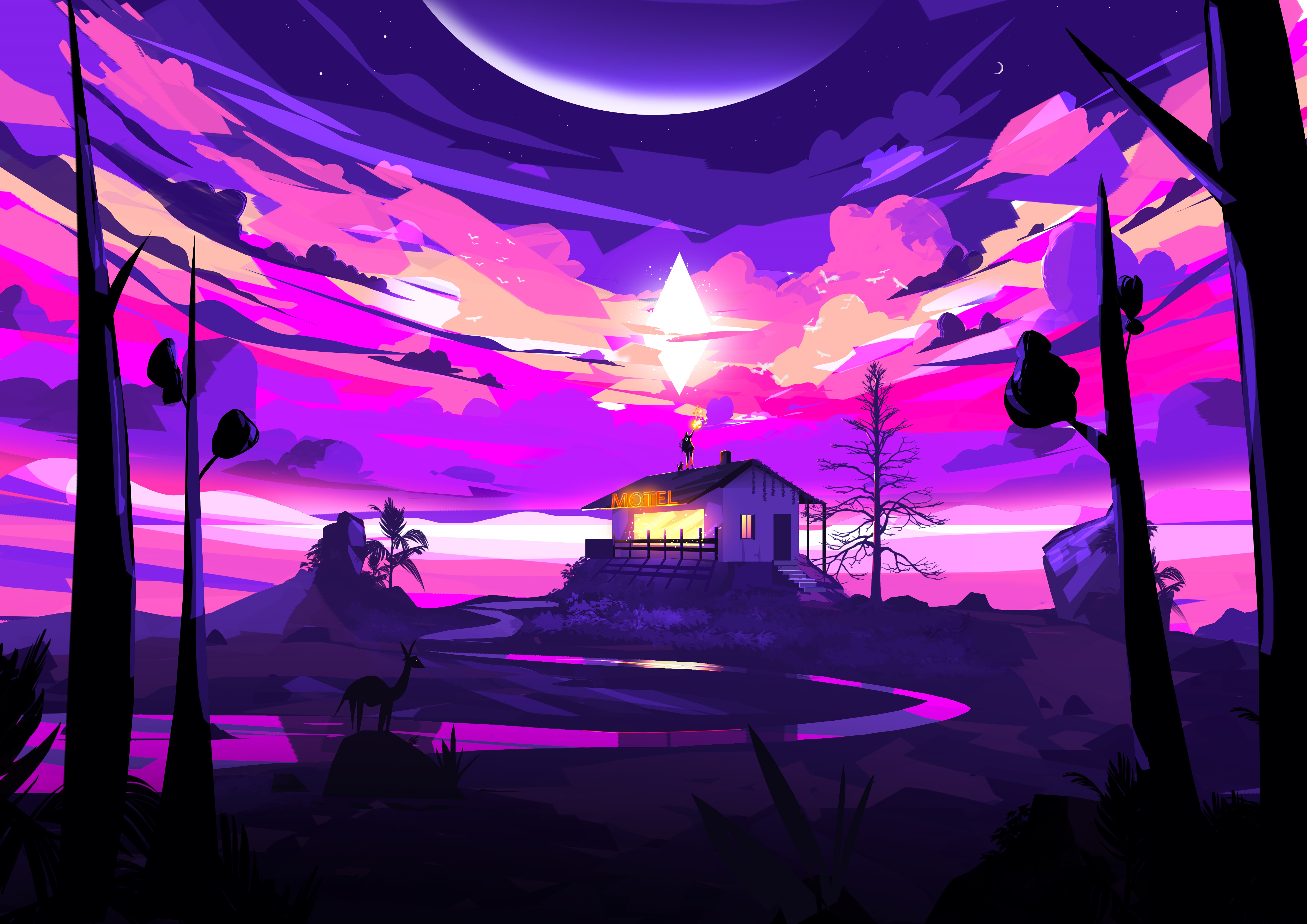 4K abstract nightscape with a motel and clouds HD Wallpaper