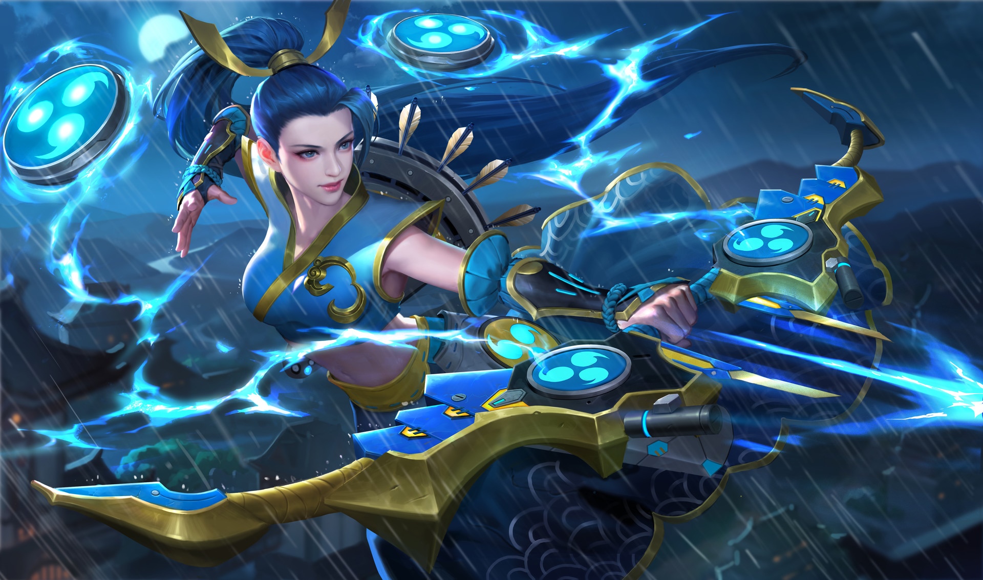 Asian woman with blue hair holding a bow HD Wallpaper