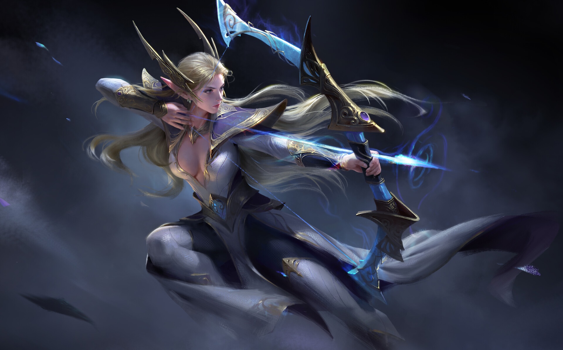 Fantasy elf archer with blonde hair aiming a bow HD Wallpaper