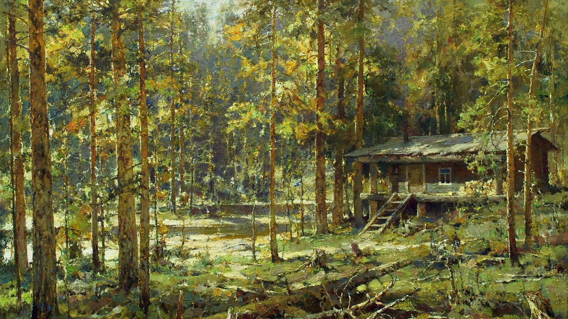 Painting of a cabin in a sunlit forest by Yury Vasendin HD Wallpaper