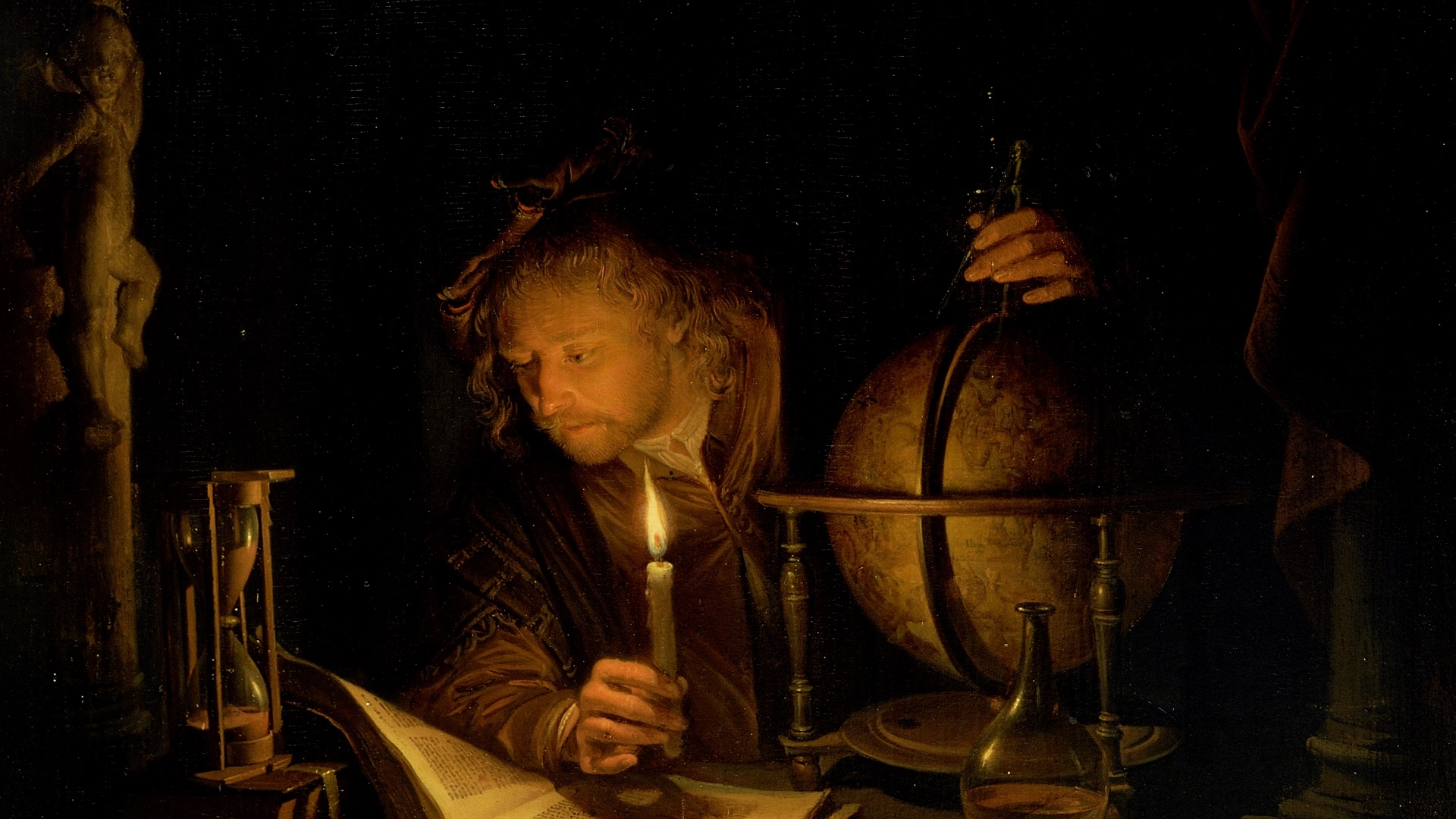 Gerrit Dou painting of an astronomer with a candle and globe HD Wallpaper