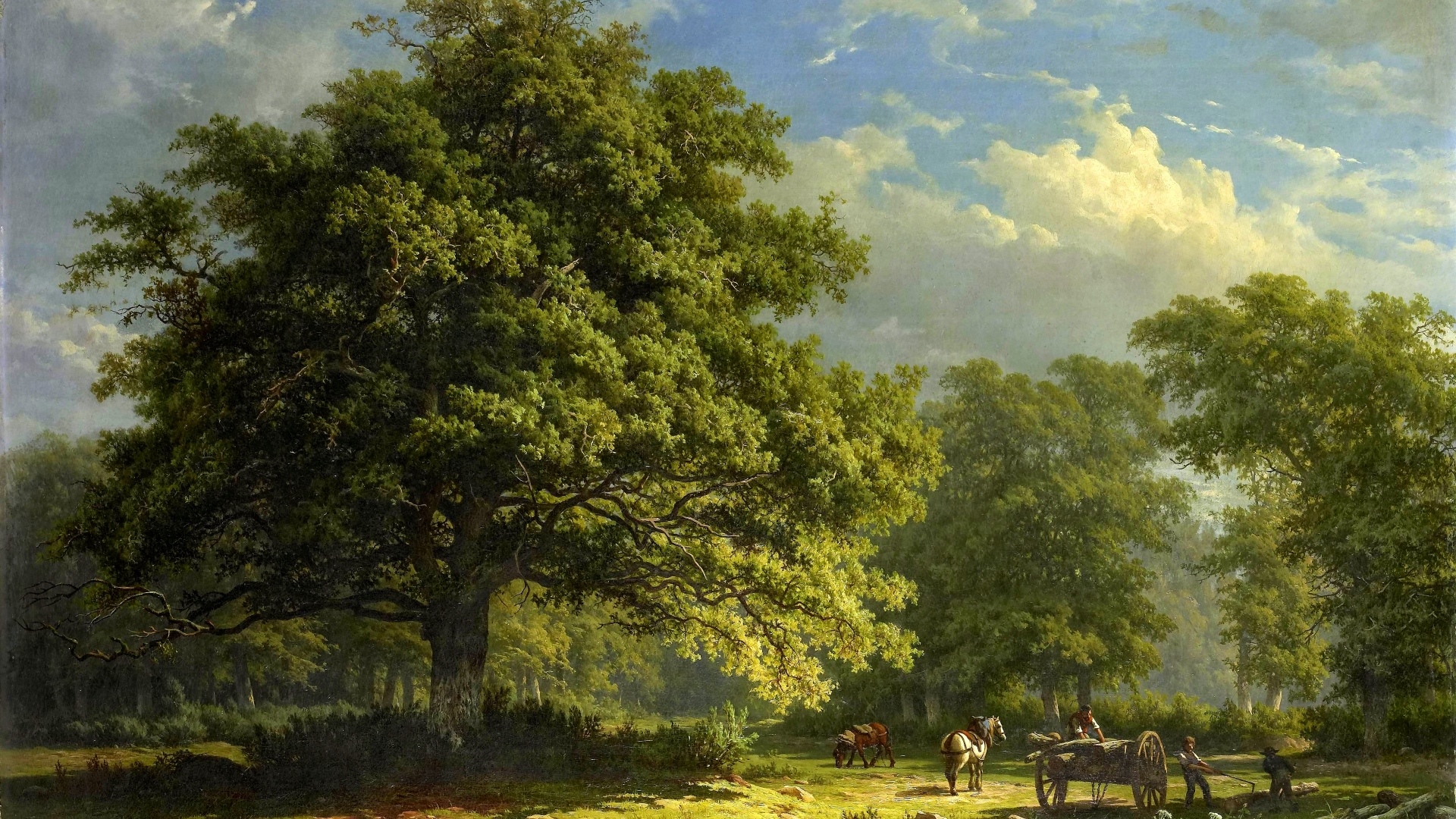 George Andries Roth Painting of a Forest Landscape with Horse-Drawn Wagon HD Wallpaper