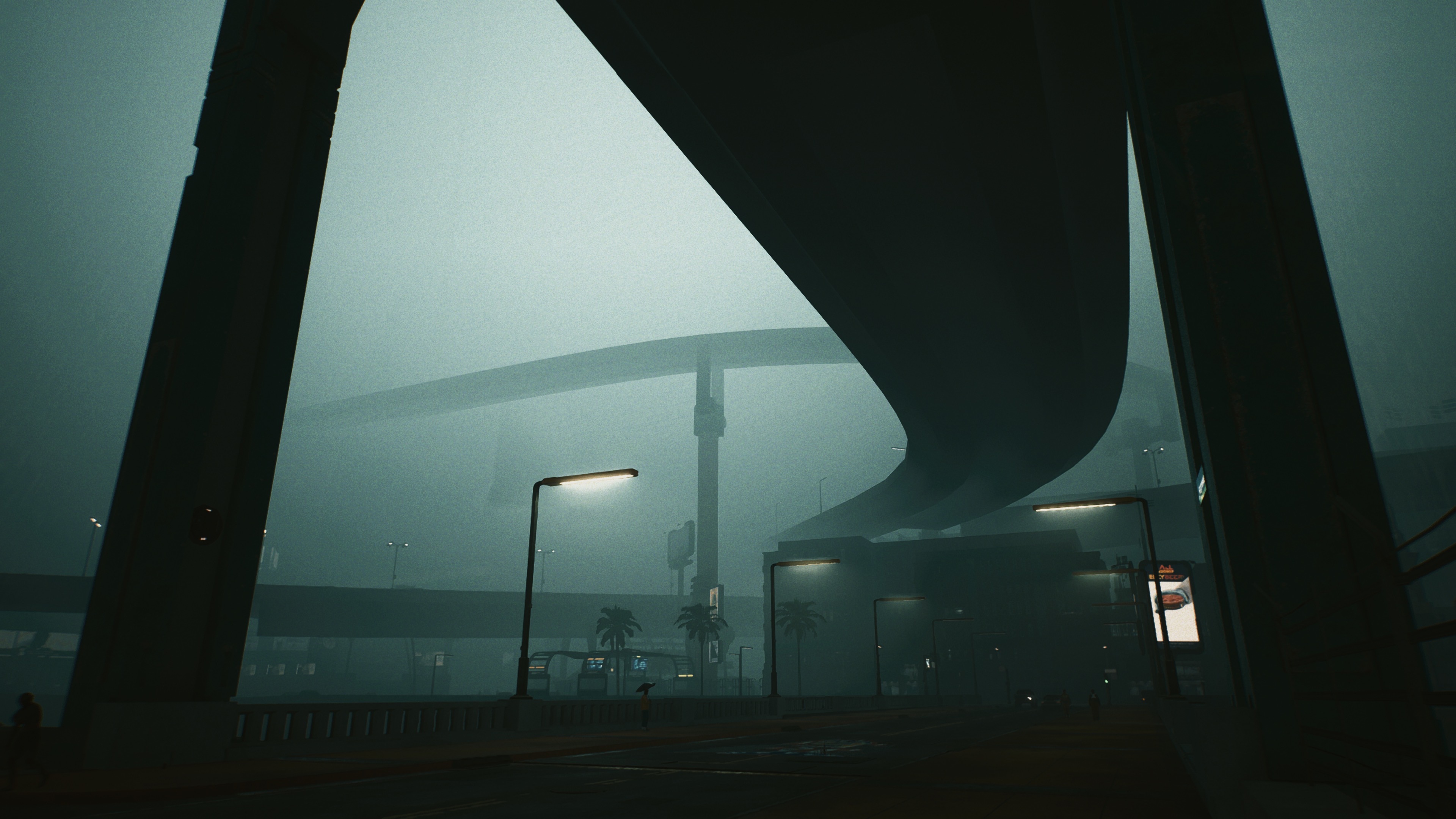 Eerie highway overpasses in fog with street lights HD Wallpaper