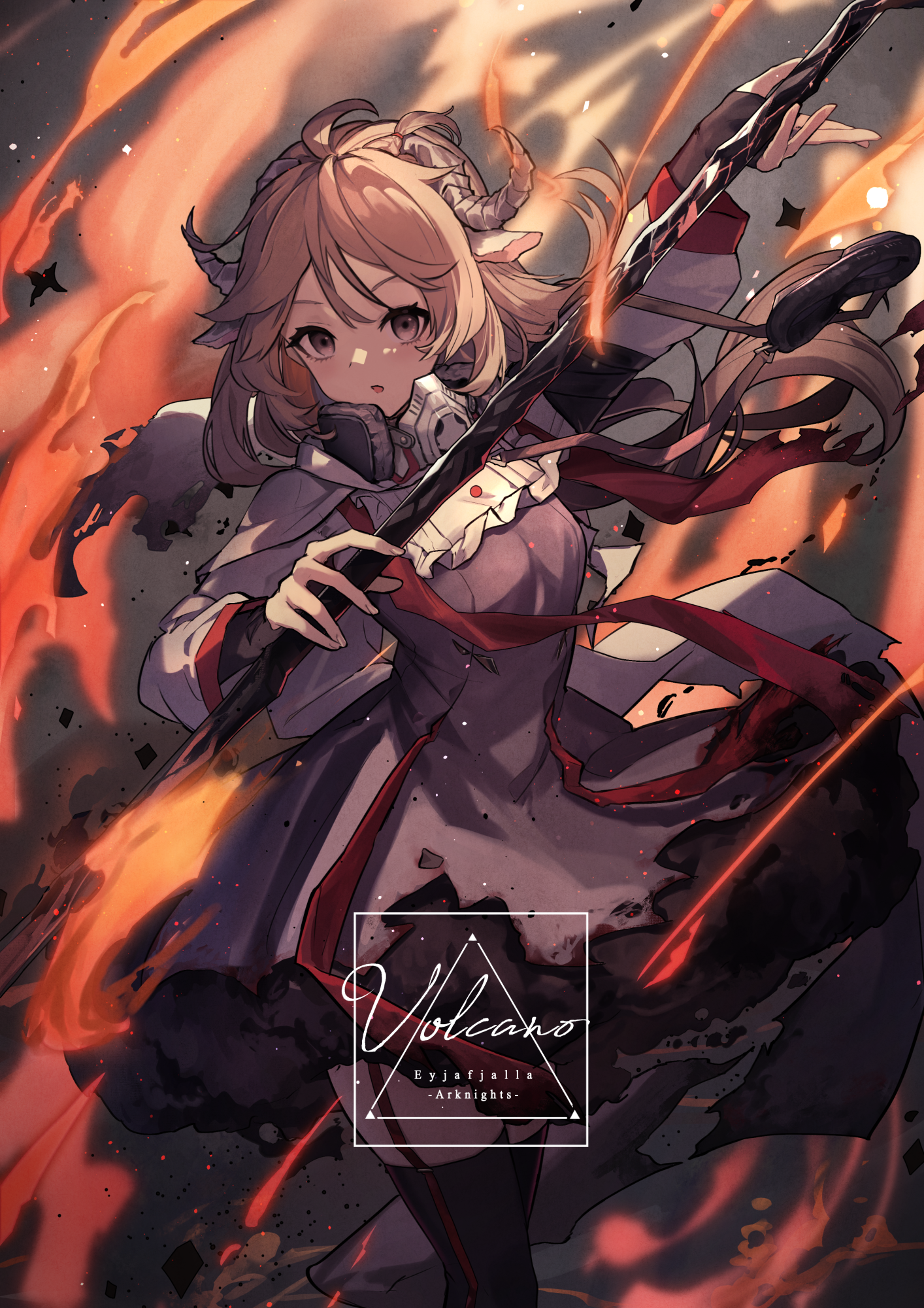 Eyjafjalla from Arknights with a staff and fire HD Phone Wallpaper