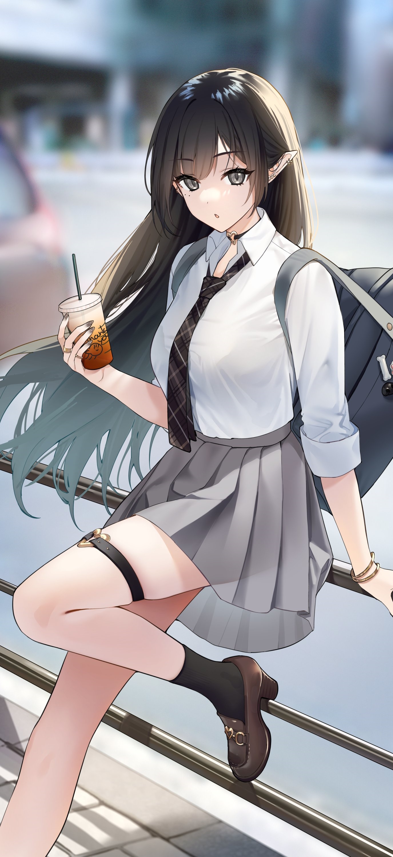 Anime girl with pointy ears in school uniform holding a drink HD Phone Wallpaper