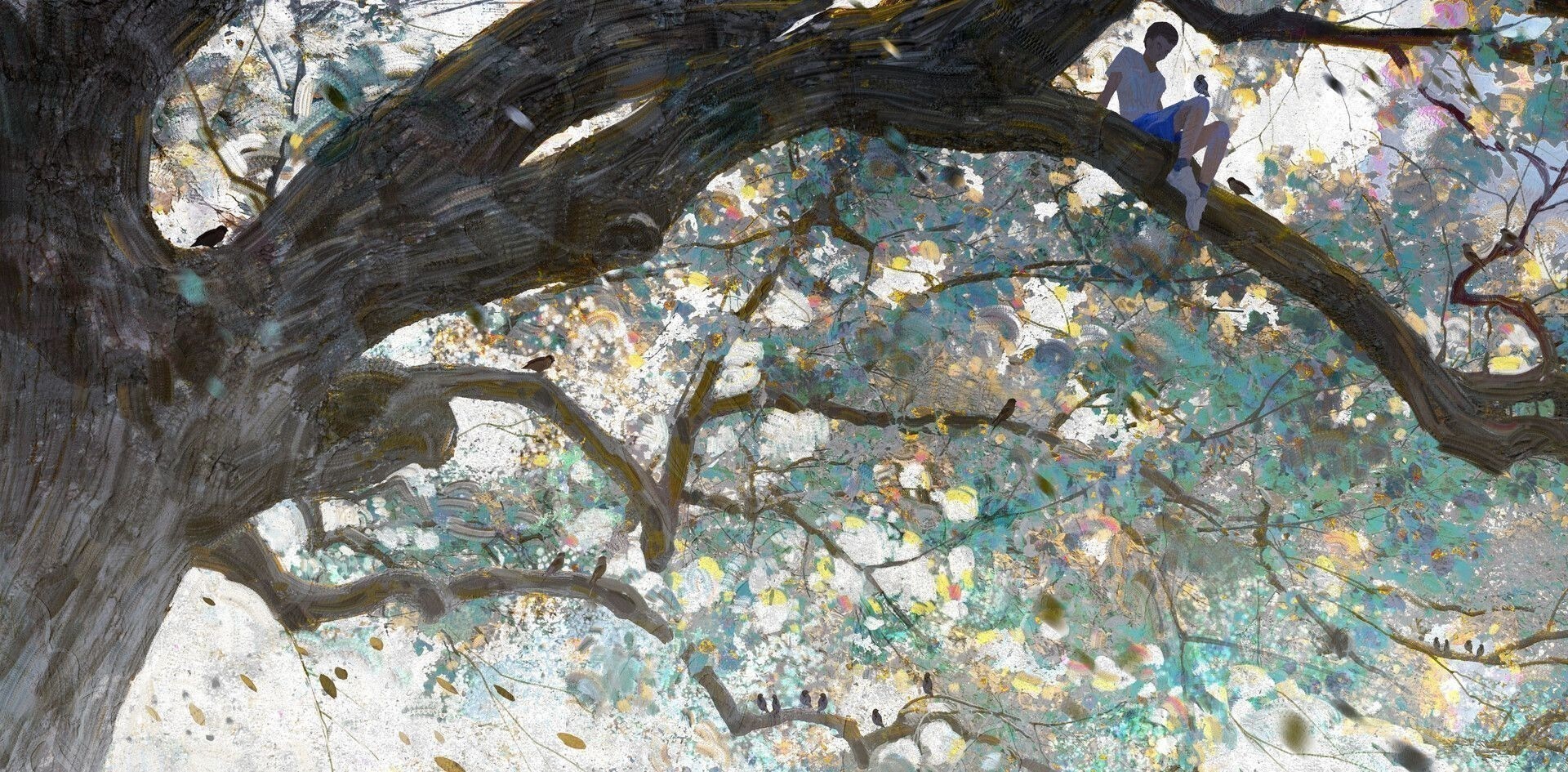 Digital art of a person sitting on a tree branch HD Wallpaper
