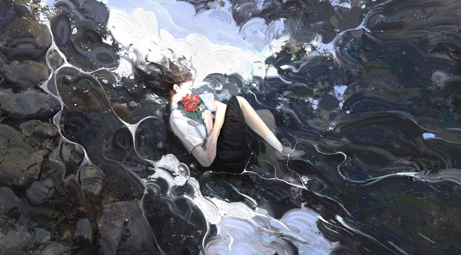Woman in School Uniform with Flowers Lying Down HD Wallpaper