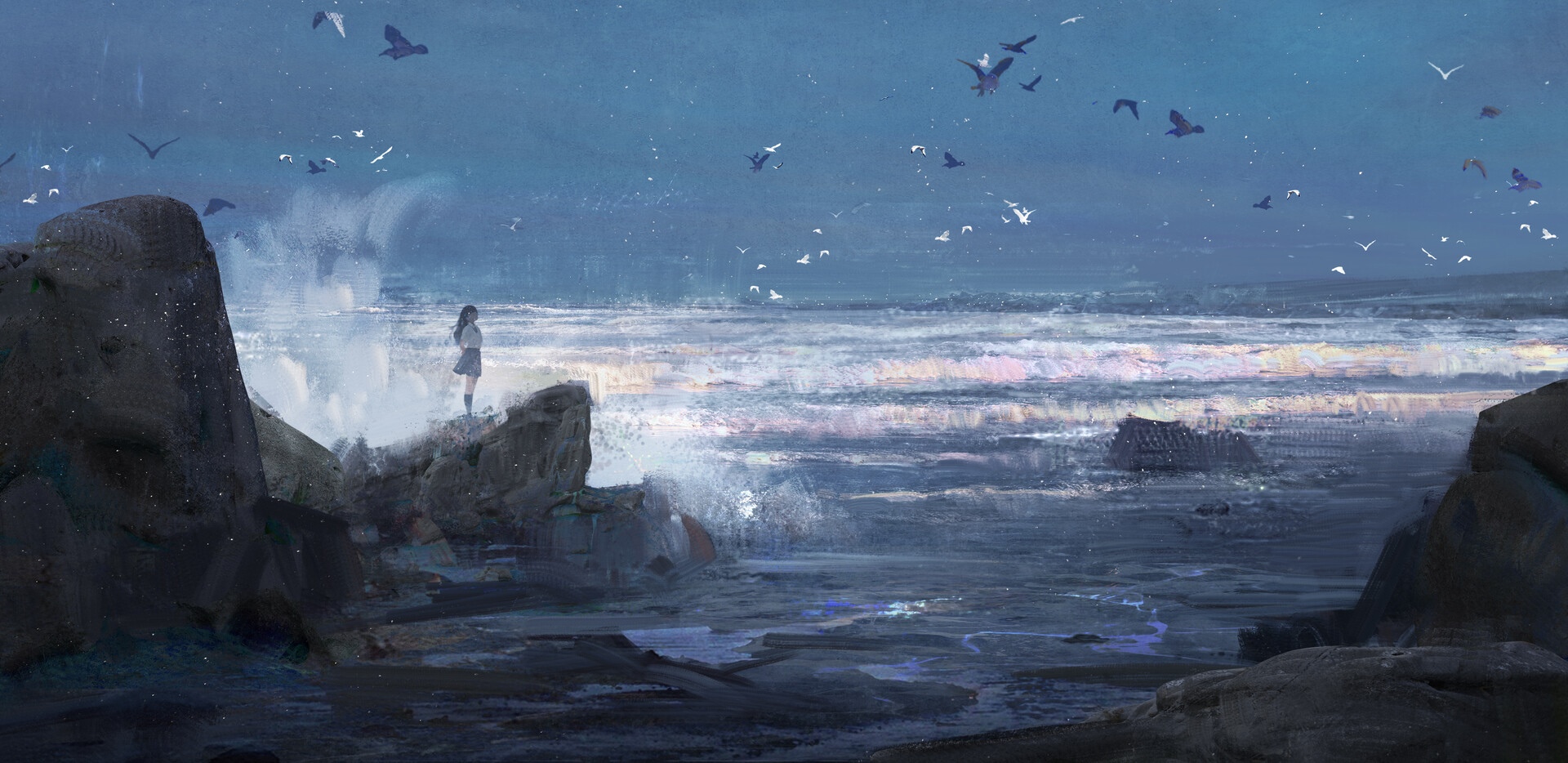 A girl in a school uniform stands on rocks by the sea with seagulls. HD Wallpaper